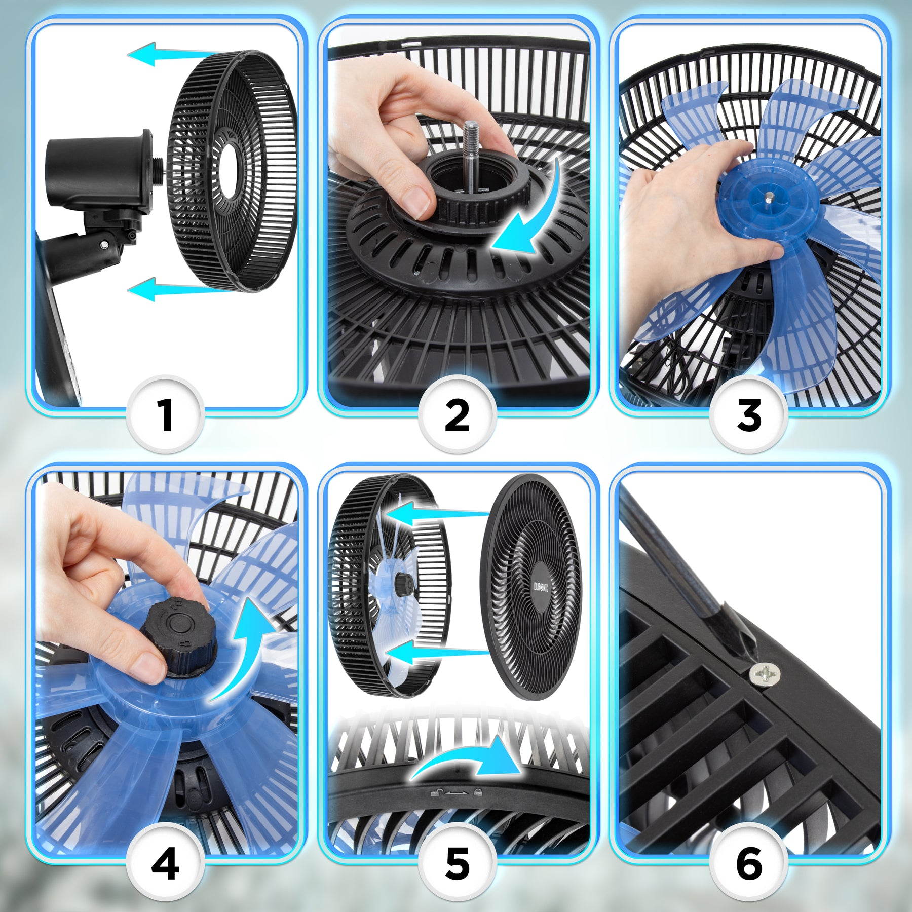 Schritt-für-Schritt-Anleitung zum Zusammenbau eines Ventilators: Gitter, Rotor, Flügel und Befestigung.