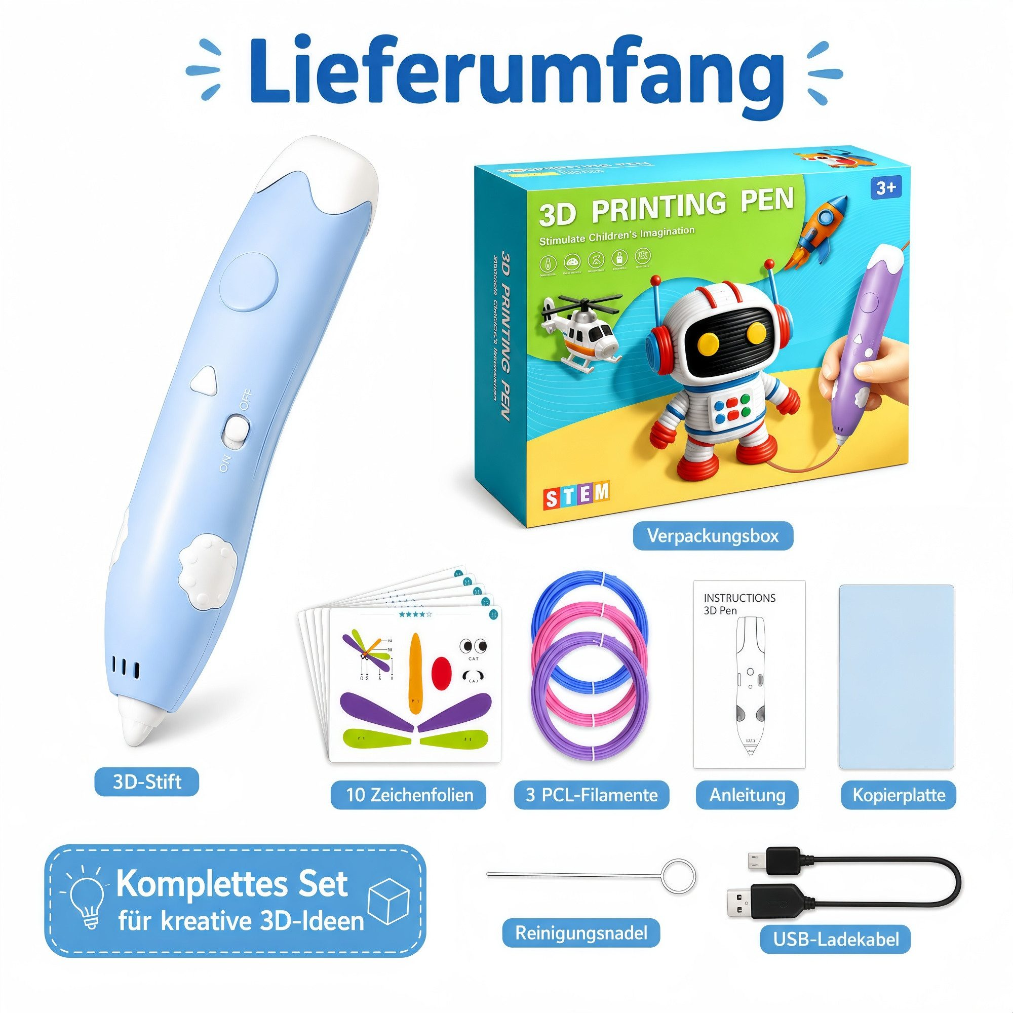 Ein 3D-Druckstift-Set mit Stift, Filamenten, Vorlagen und Zubehör.