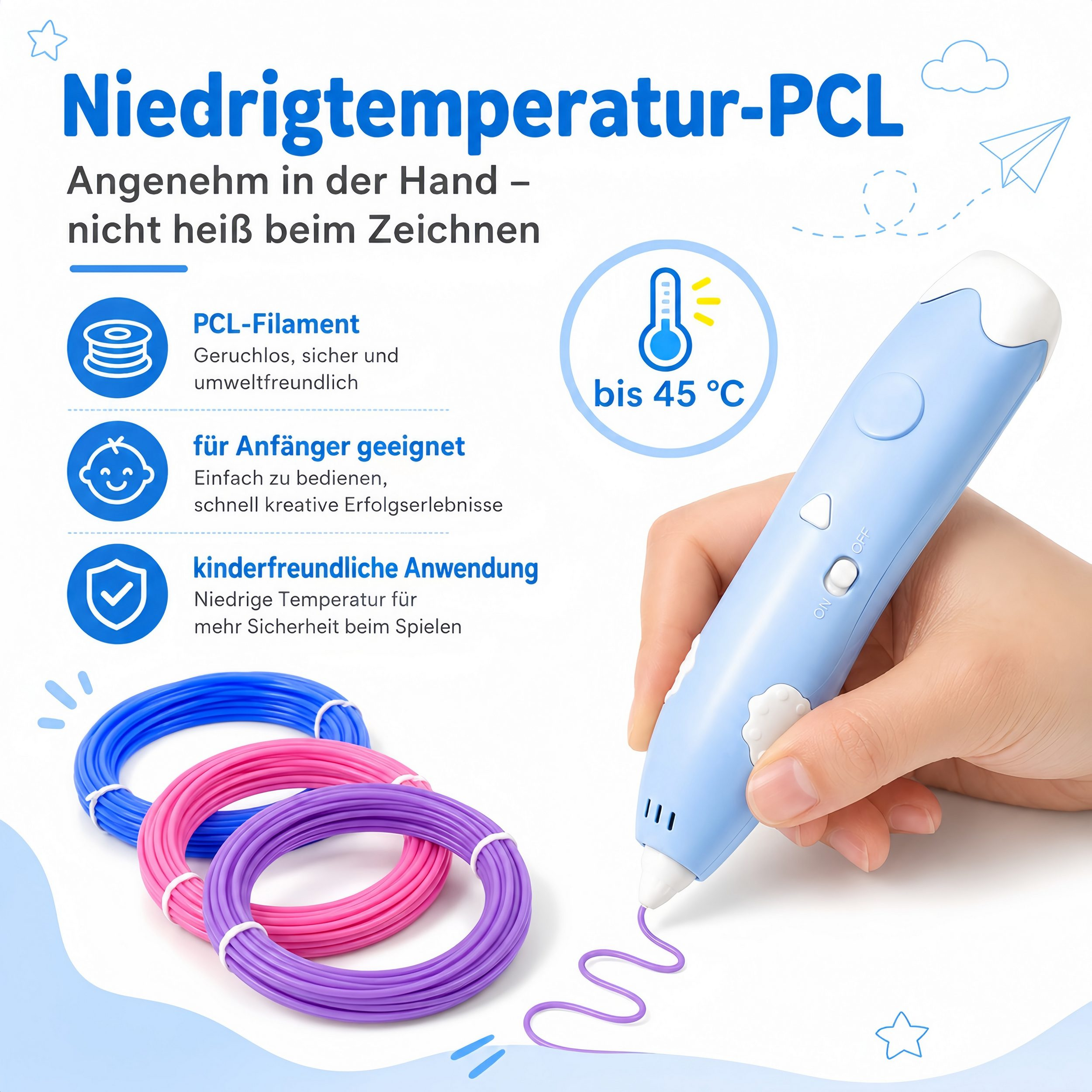 Ein blaues 3D-Stiftset mit PCL-Filamentrollen in Blau, Pink und Lila.