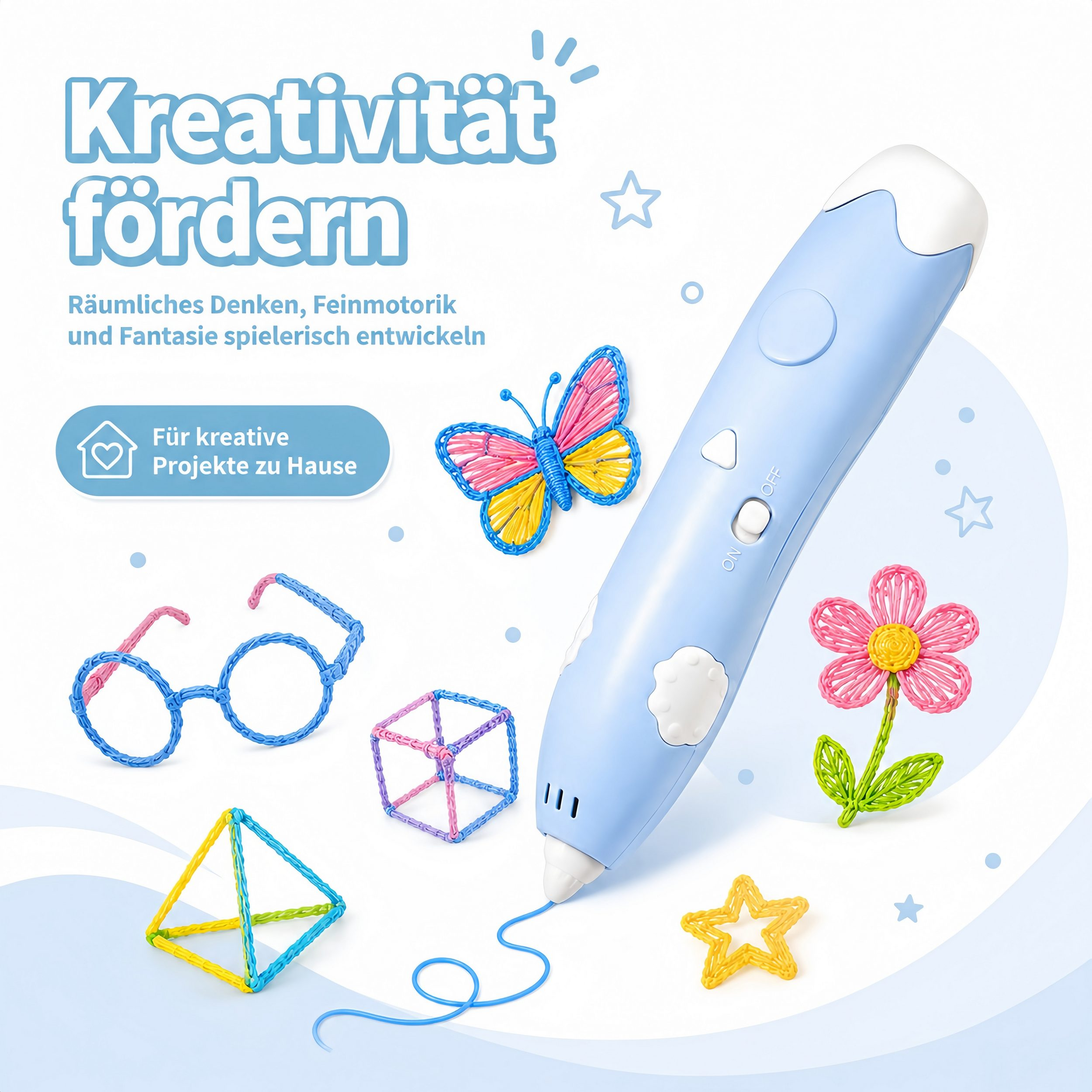 Ein blauer 3D-Stift mit kreativen 3D-Objekten wie Schmetterling, Blume, Brille, Würfel.