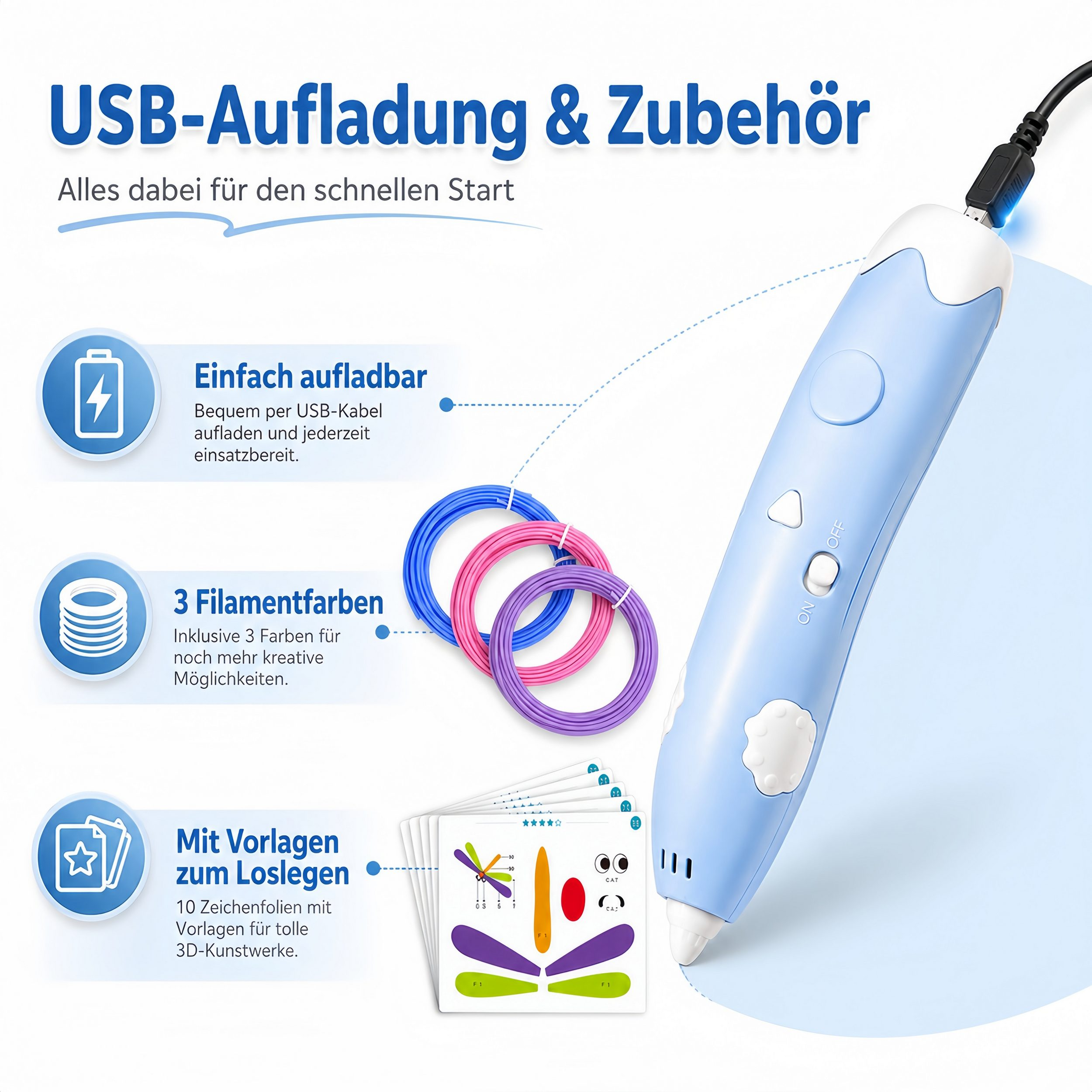 Blauer 3D-Stift mit USB-Kabel, Filamentrollen in Blau, Pink und Lila und Vorlagen.
