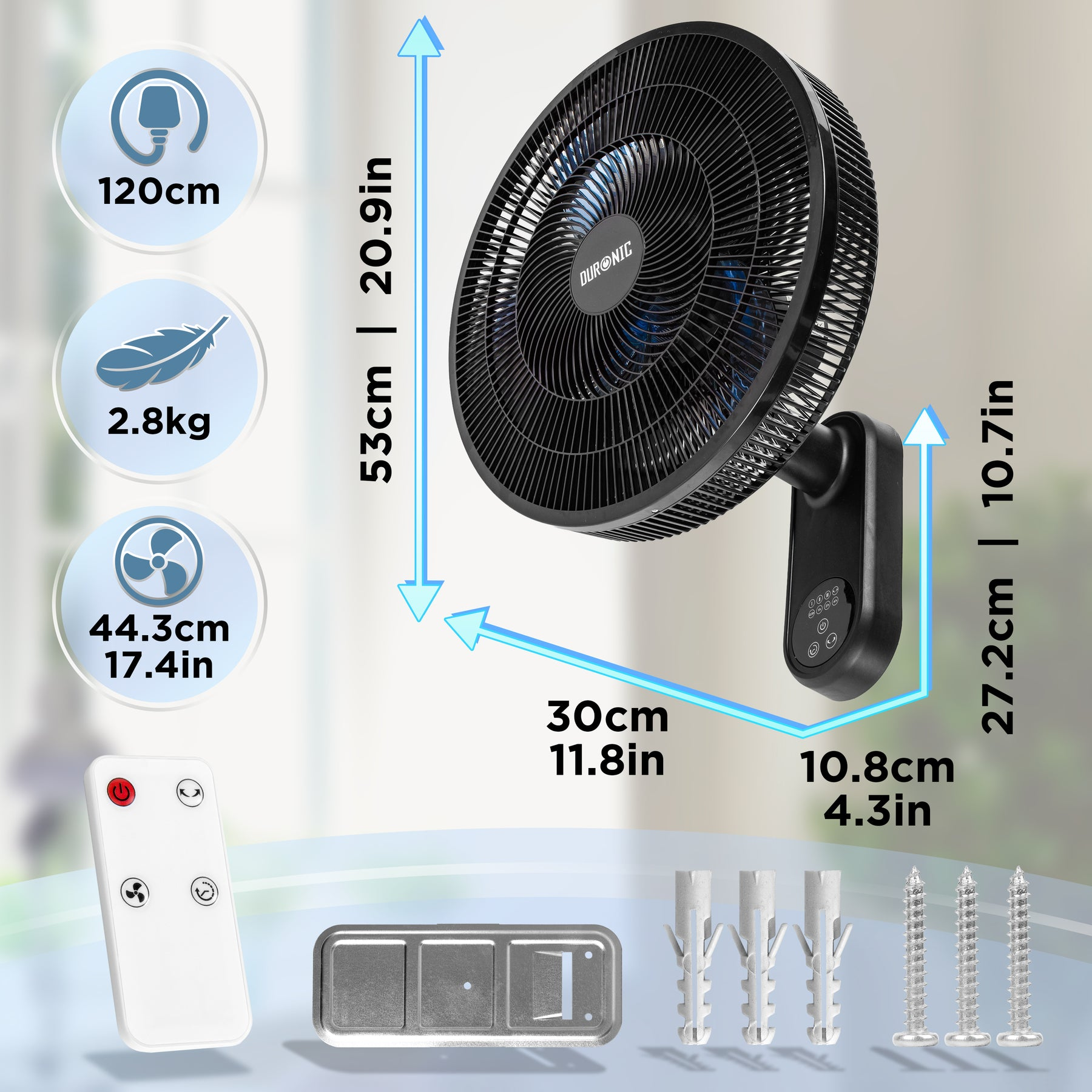Schwarzer Wandventilator mit Fernbedienung, Maßen und Befestigungsmaterial.