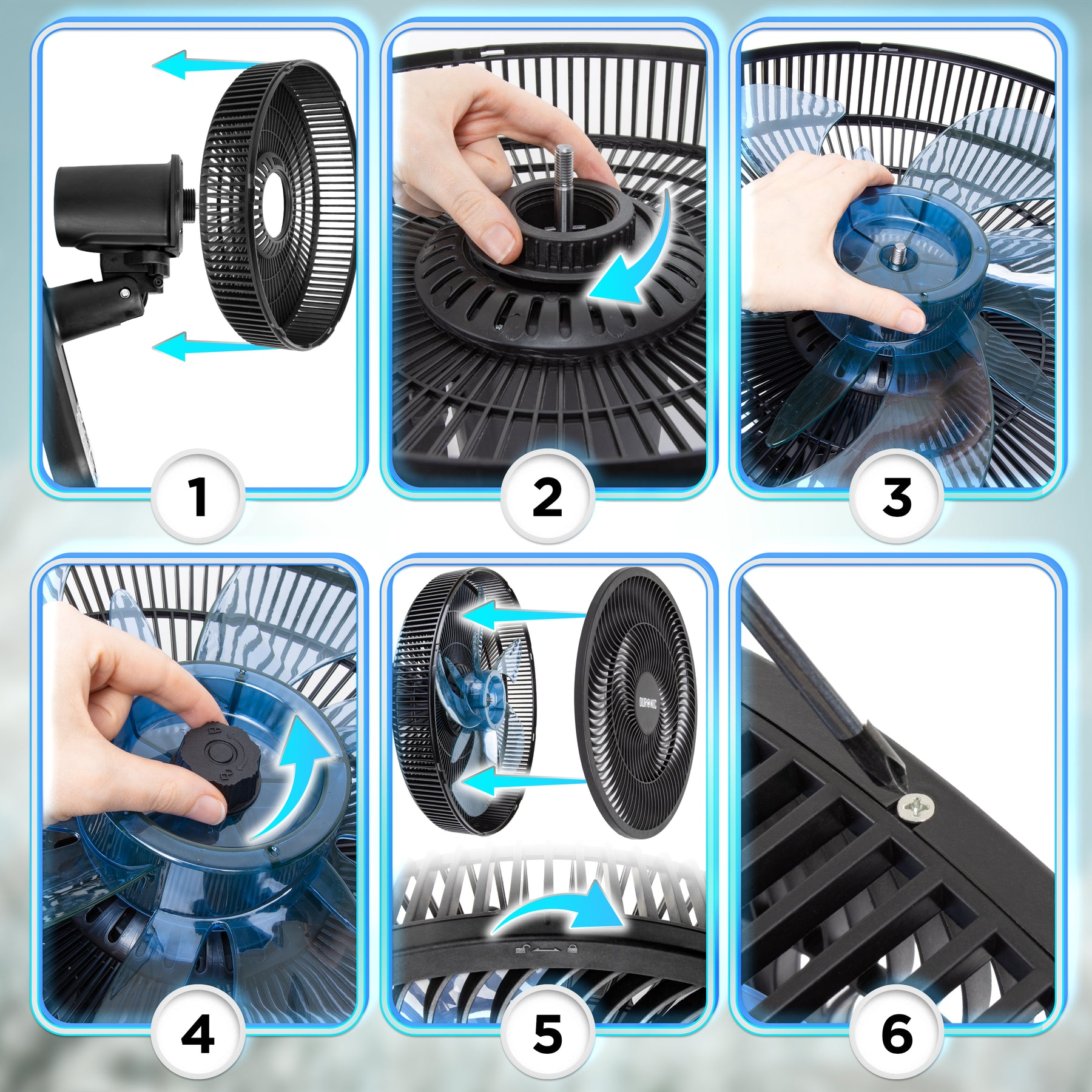 Schritt-für-Schritt-Anleitung zum Zusammenbau eines Ventilators, von der Montage des Schutzgitters bis zur Befestigung.