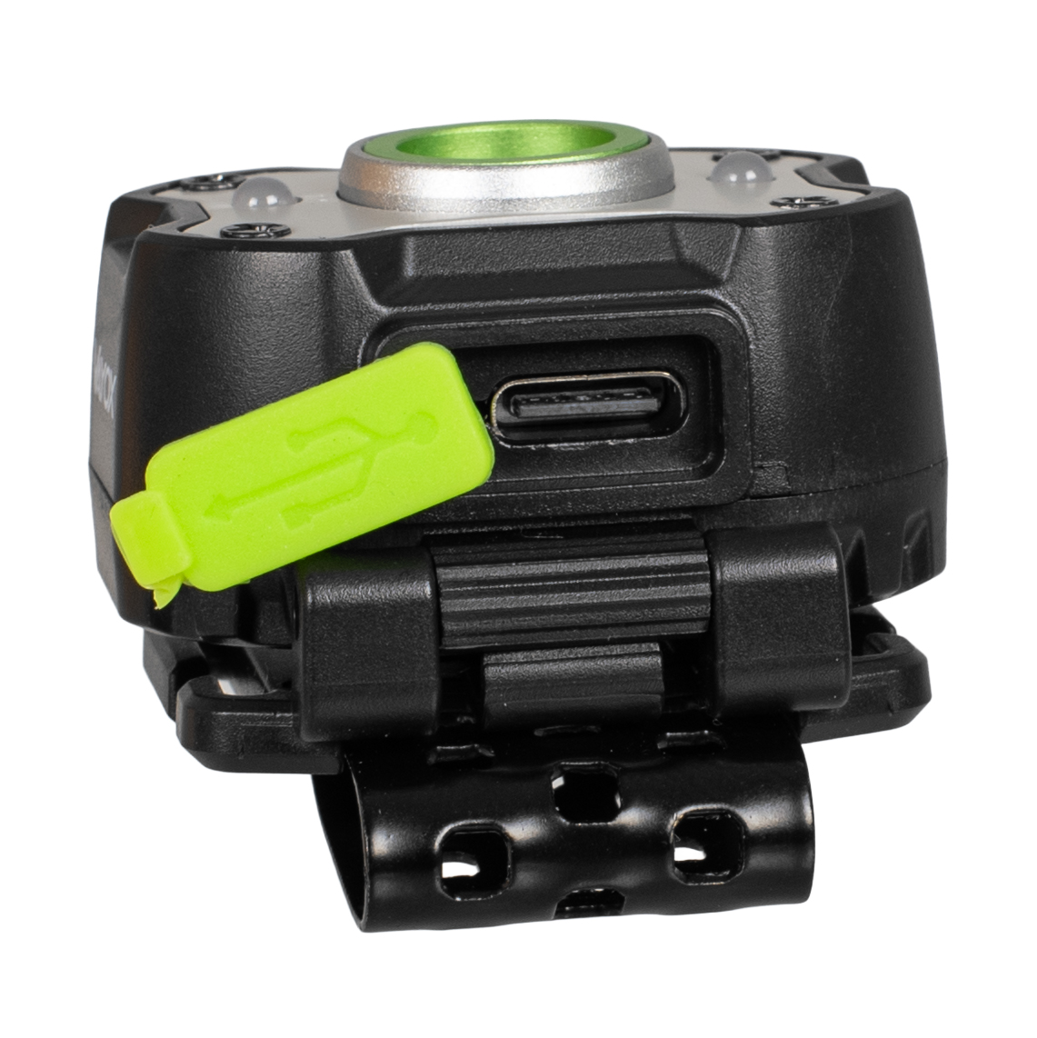 Schwarzer Stirnlampe mit grünem USB-Abdeckung, silbernem Ring und grüner LED.