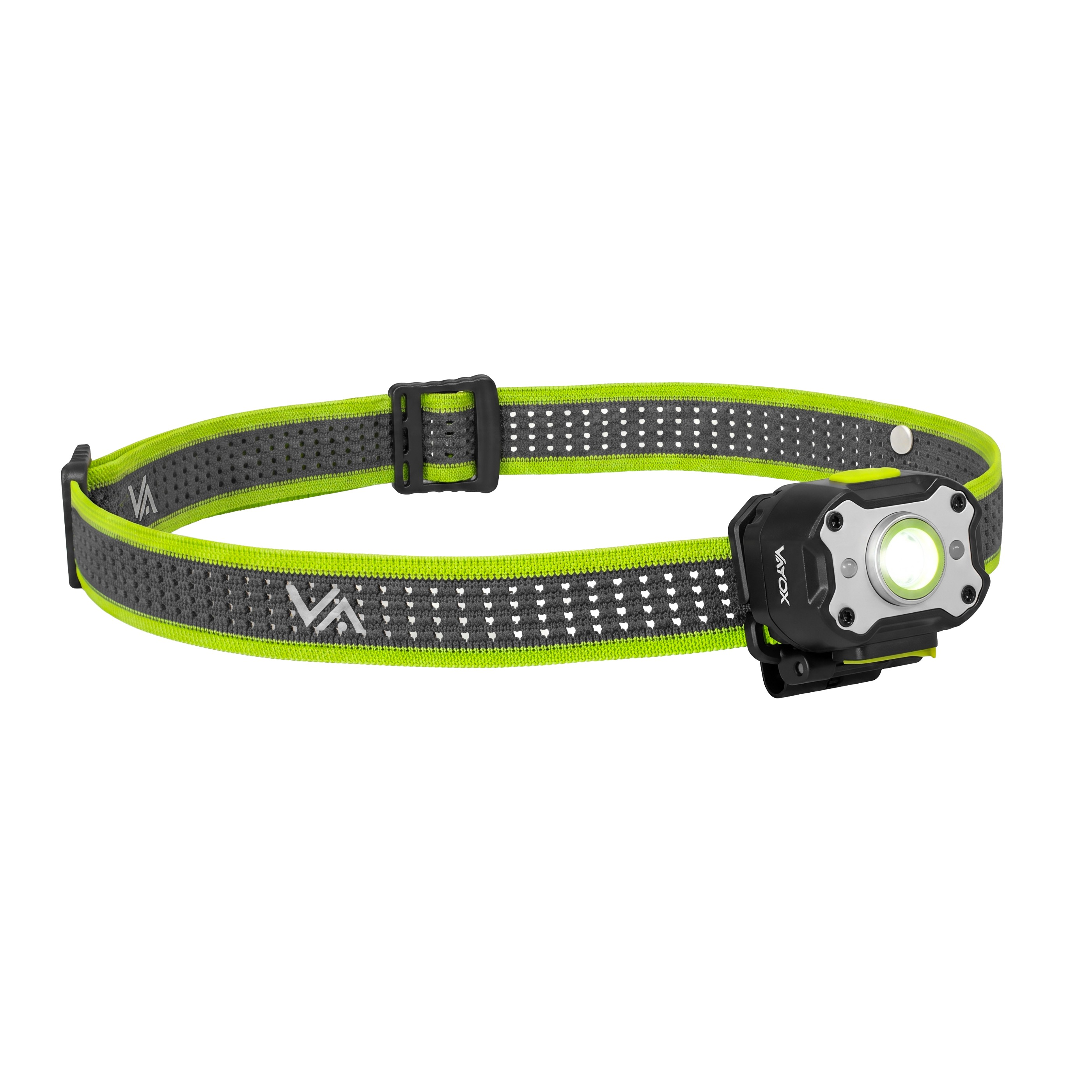 Stirnlampe mit grauem Band und leuchtgrünen Akzenten, schwarzer Schnalle.