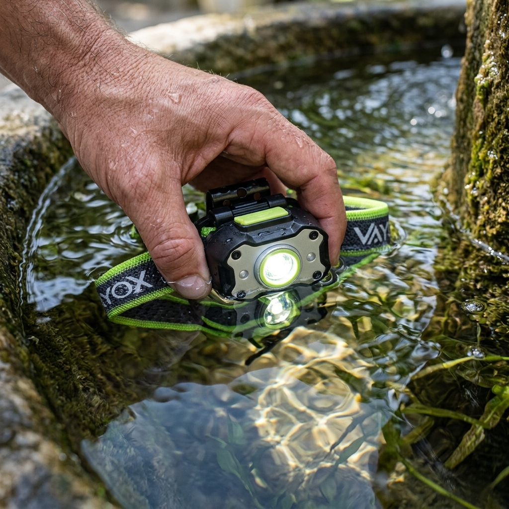 Hand hält Stirnlampe mit grünem Band teilweise im Wasser.