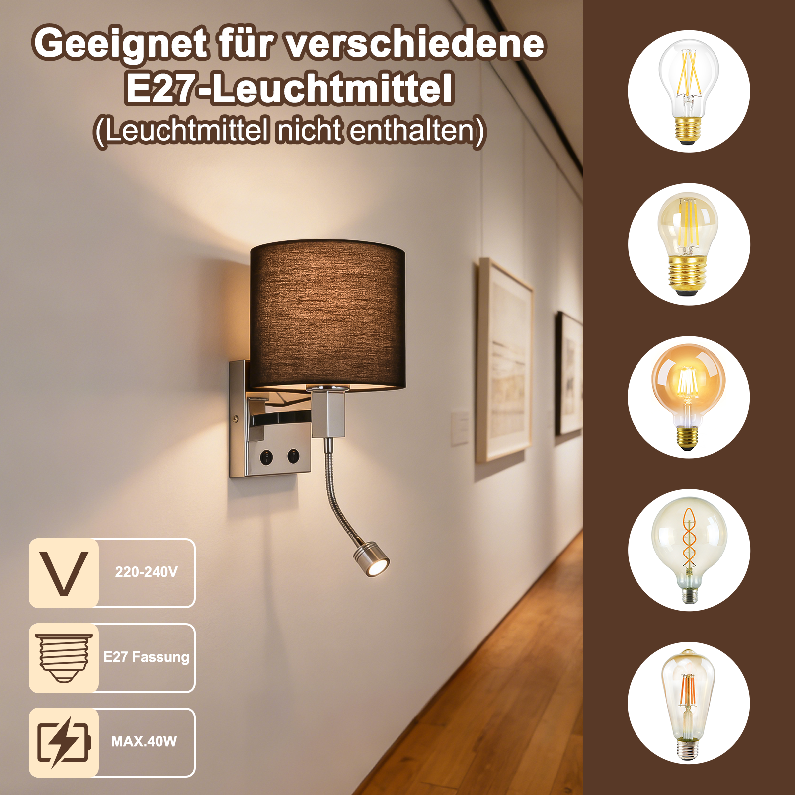 Lampa ścienna z elastycznym ramieniem, pasuje do żarówek E27 do 40W.