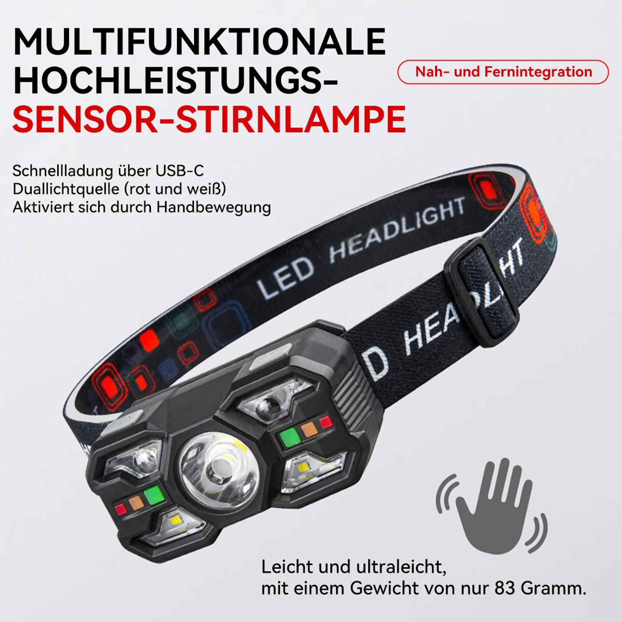 Schwarze Stirnlampe mit rotem und weißem Licht, USB-C und Sensor.