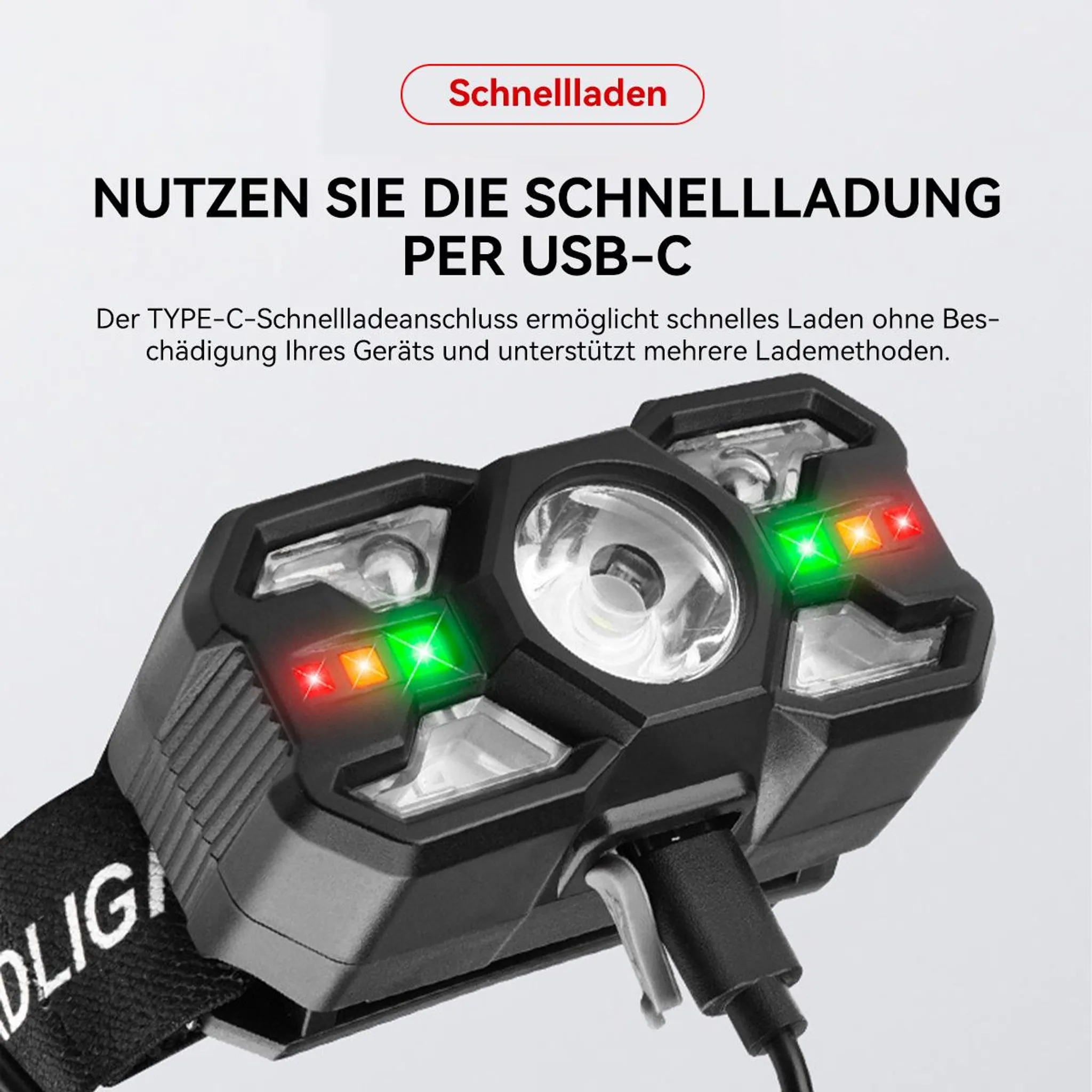 Ein schwarzer Stirnlampe mit LEDs und einem USB-C-Anschluss wird gezeigt.