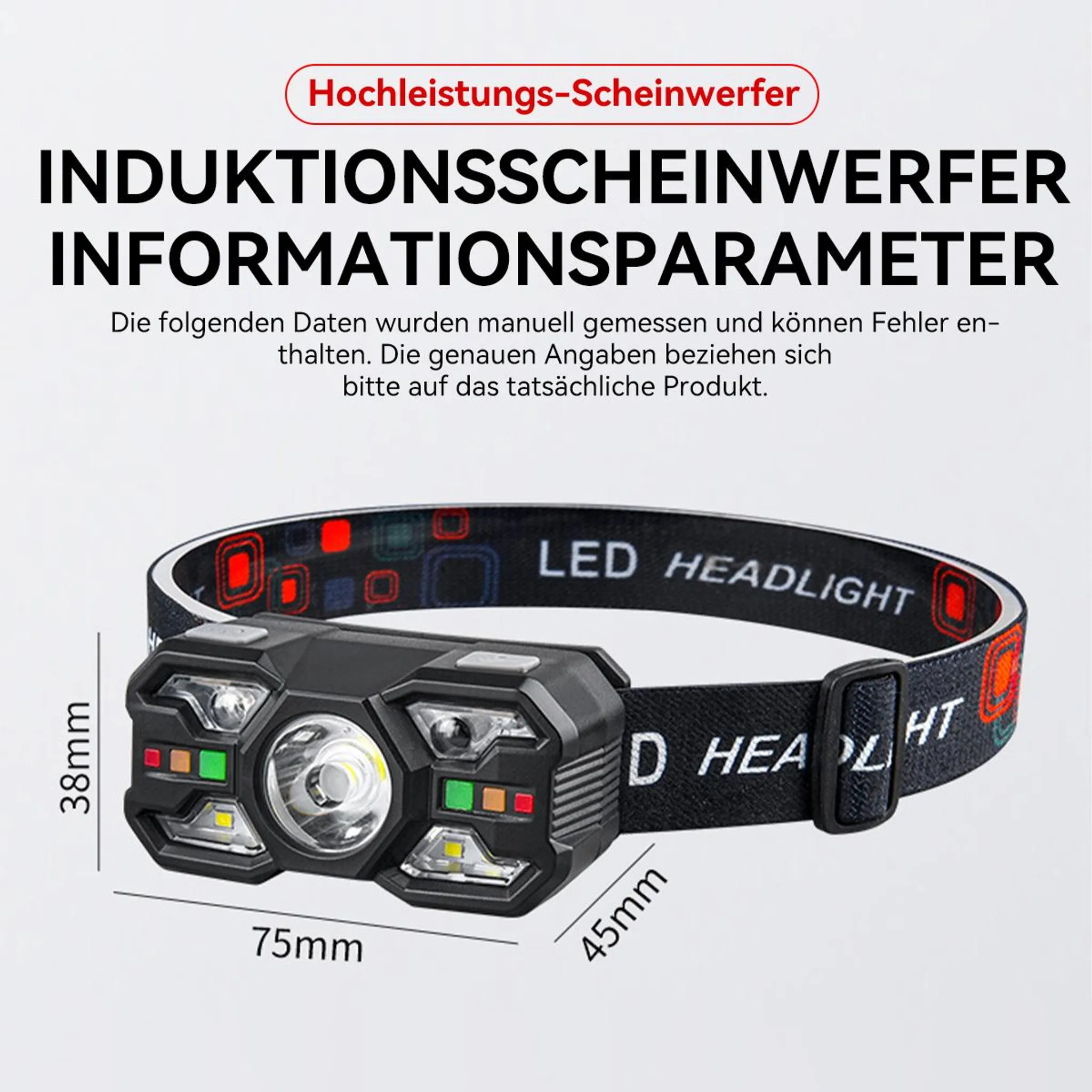 Ein schwarzer LED-Scheinwerfer mit Band, Maße 75x38x45mm. Text: LED HEADLIGHT.