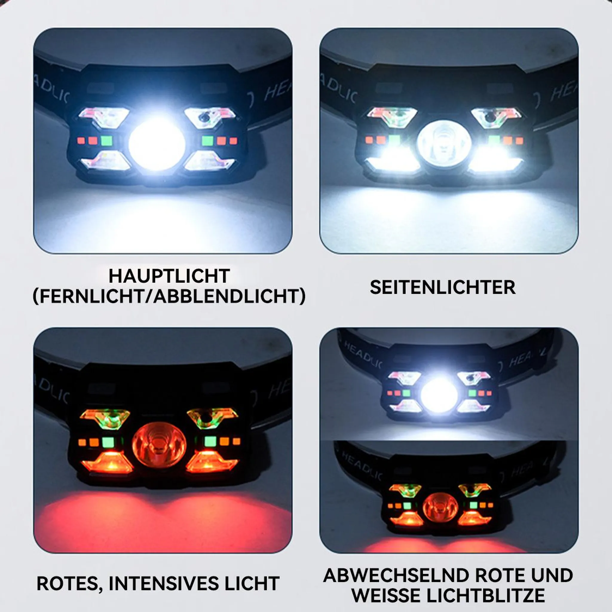 Vier Ansichten einer Stirnlampe: Hauptlicht, Seitenlichter, rotes Licht, wechselnde Lichter.