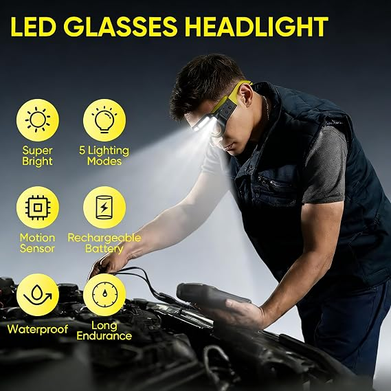 Mann mit LED-Brillen-Scheinwerfer arbeitet am Automotor. Merkmale: Superhell, 5 Modi, Bewegungssensor, Akku, Wasserdicht, lange Laufzeit.