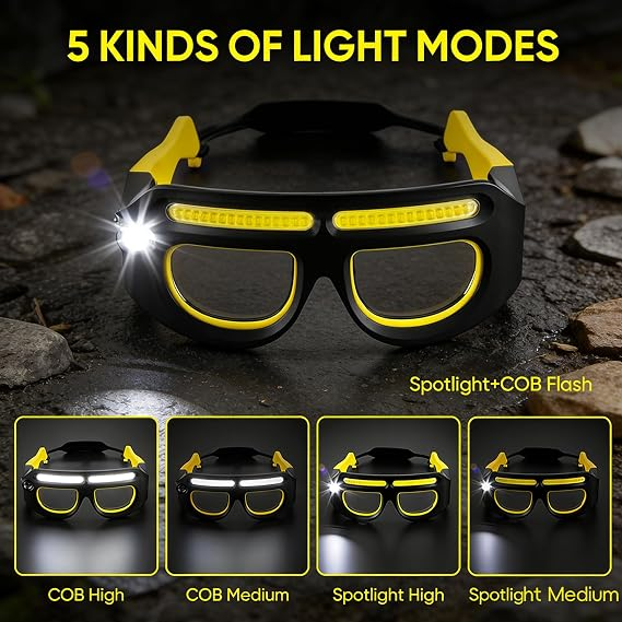 Stirnlampe mit 5 Lichtmodi: Spotlight+COB-Blitz, COB Hoch/Mittel, Spotlight Hoch/Mittel.