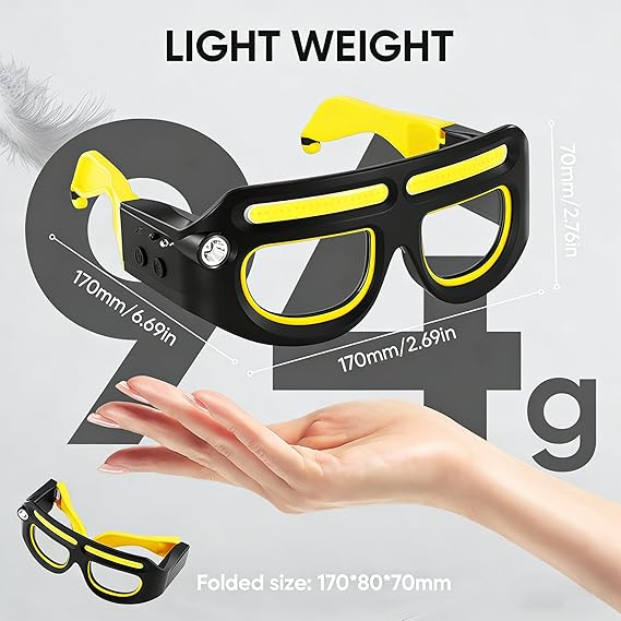 Schwarze und gelbe Brille mit integrierten Lichtern liegt auf einer Hand.