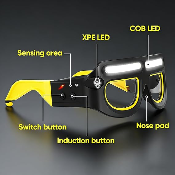Schwarze und gelbe Brille mit LED-Leuchten, Knöpfen und Beschriftungen.