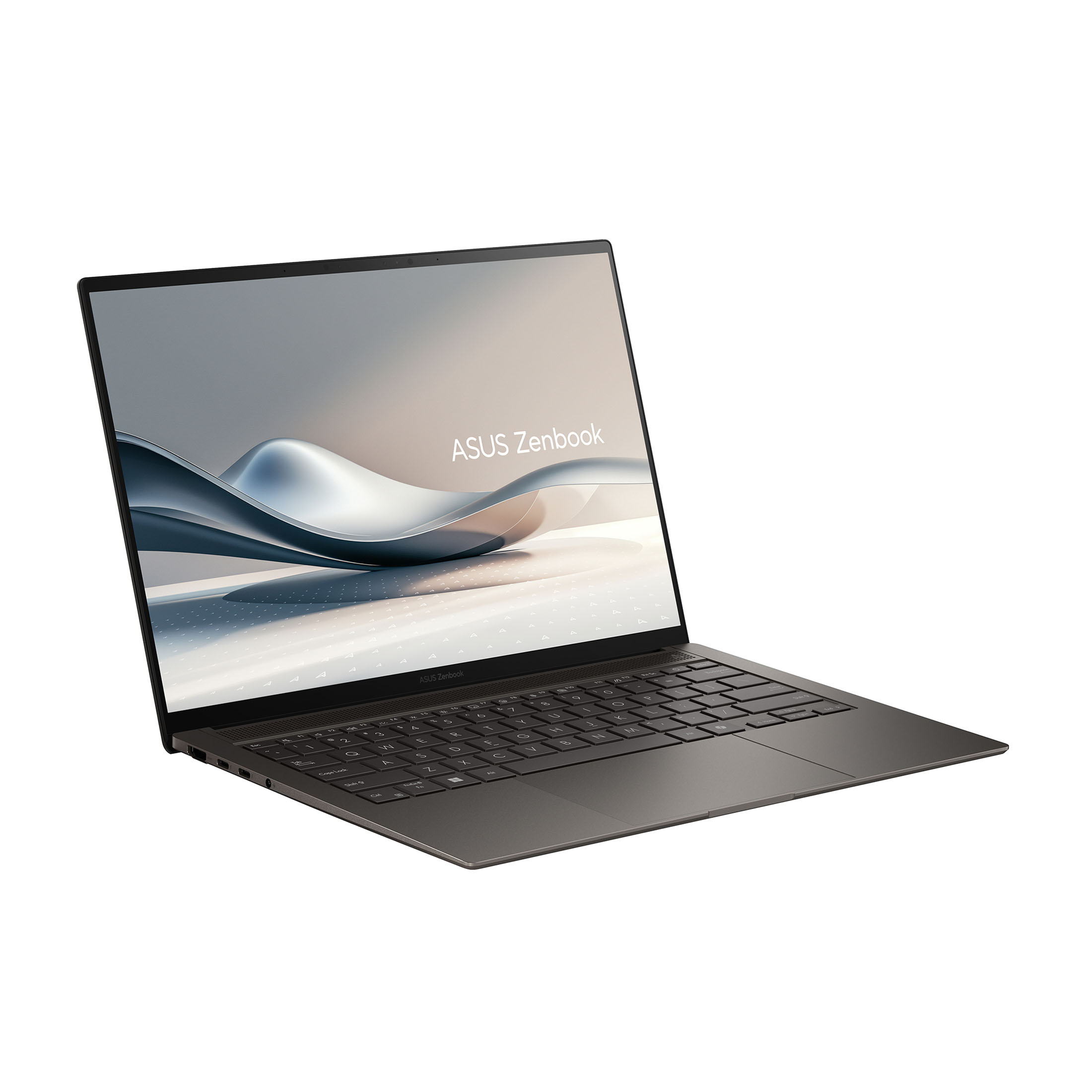 Ein geöffneter grauer Asus Zenbook Laptop mit einem stilisierten Wellenmuster auf dem Bildschirm.