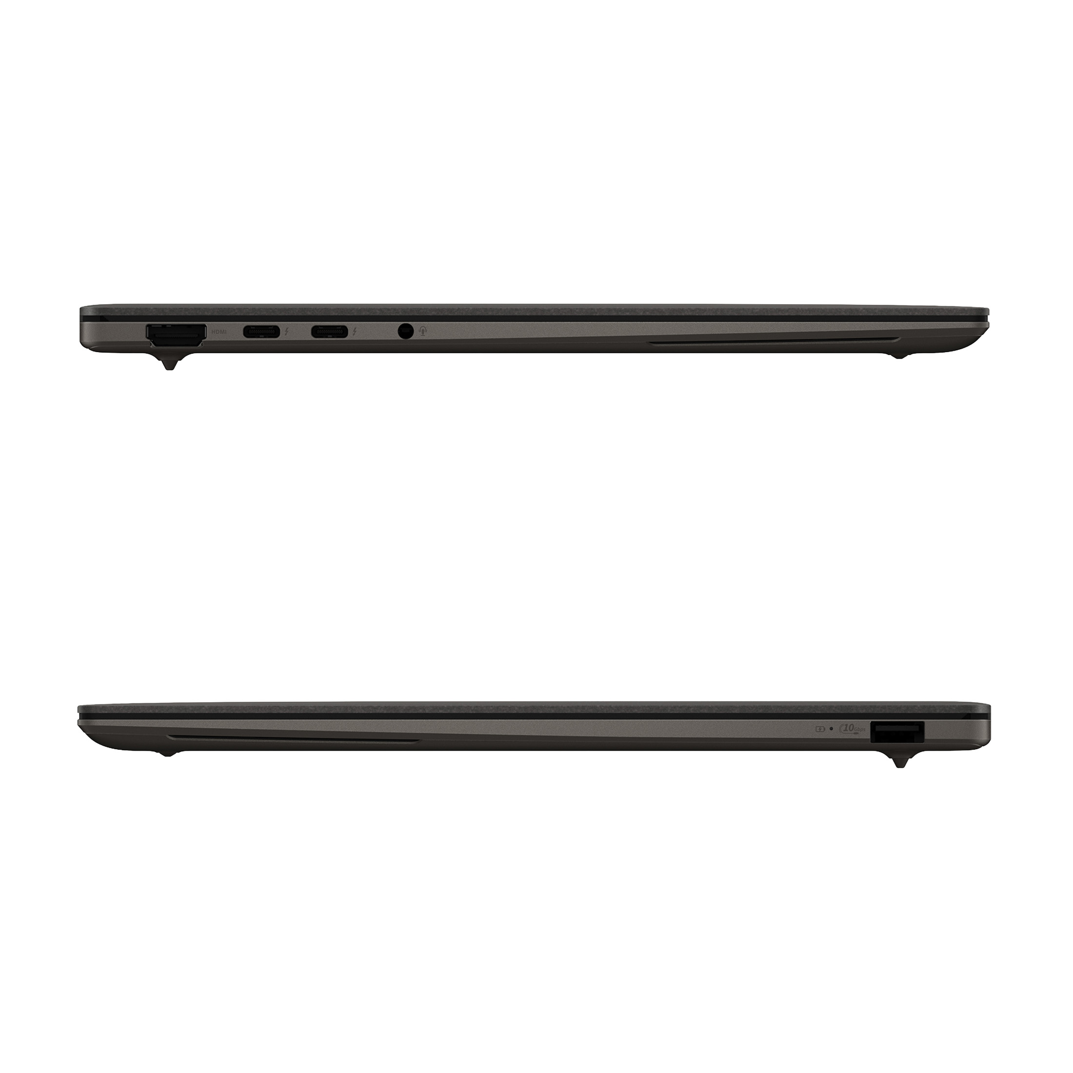Seitenansicht eines dunklen Laptops mit Anschlüssen: HDMI, USB-C, Kopfhörerbuchse und USB-A.