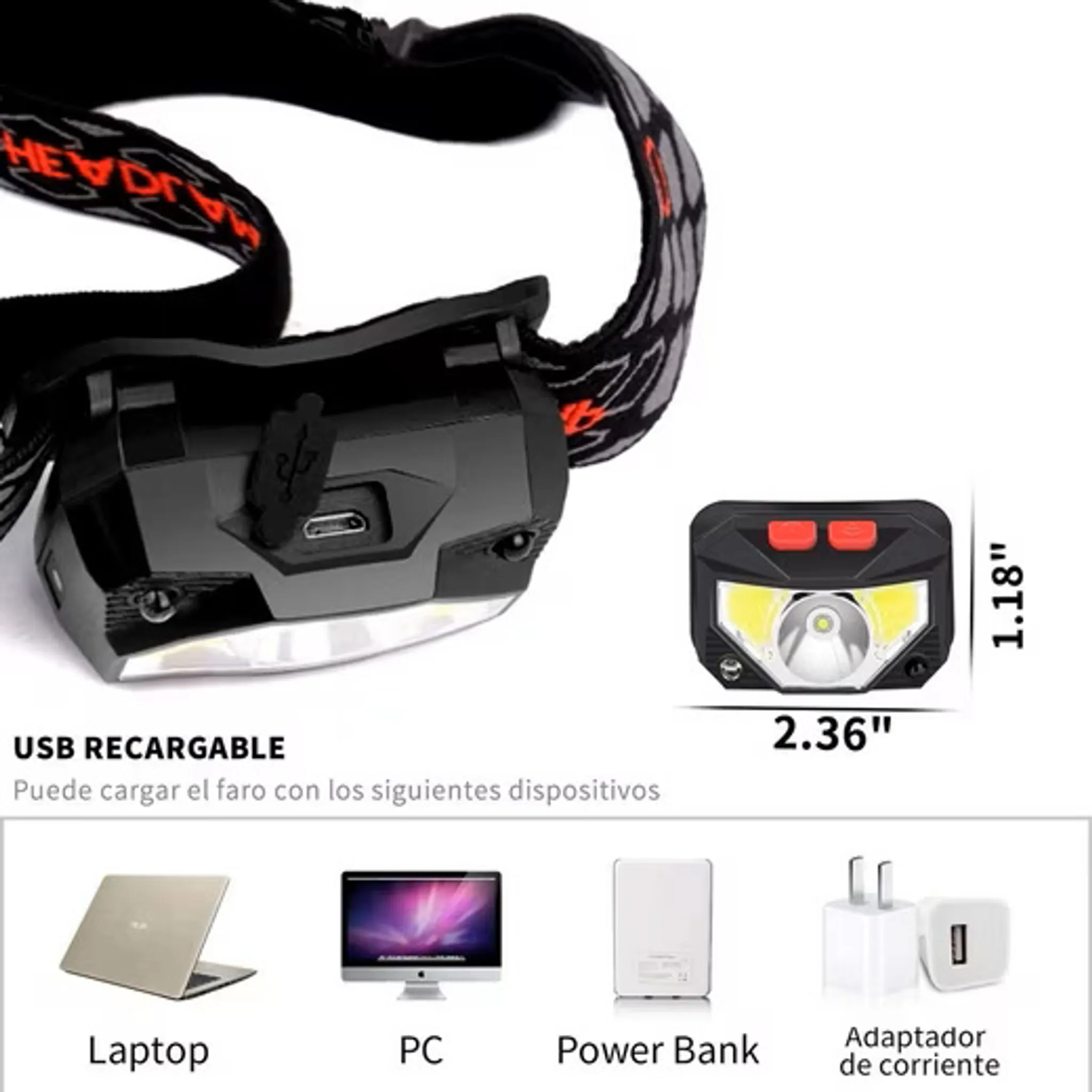 Ein wiederaufladbarer Stirnlampe mit USB-Anschluss, Maße 2,36x1,18 Zoll.