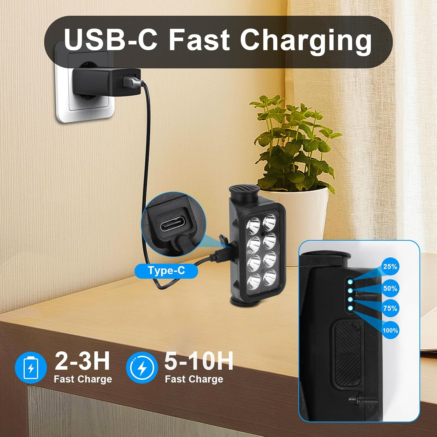 USB-C-Ladegerät lädt eine Lampe, die auf einem Tisch steht. Es gibt Ladeanzeigen.
