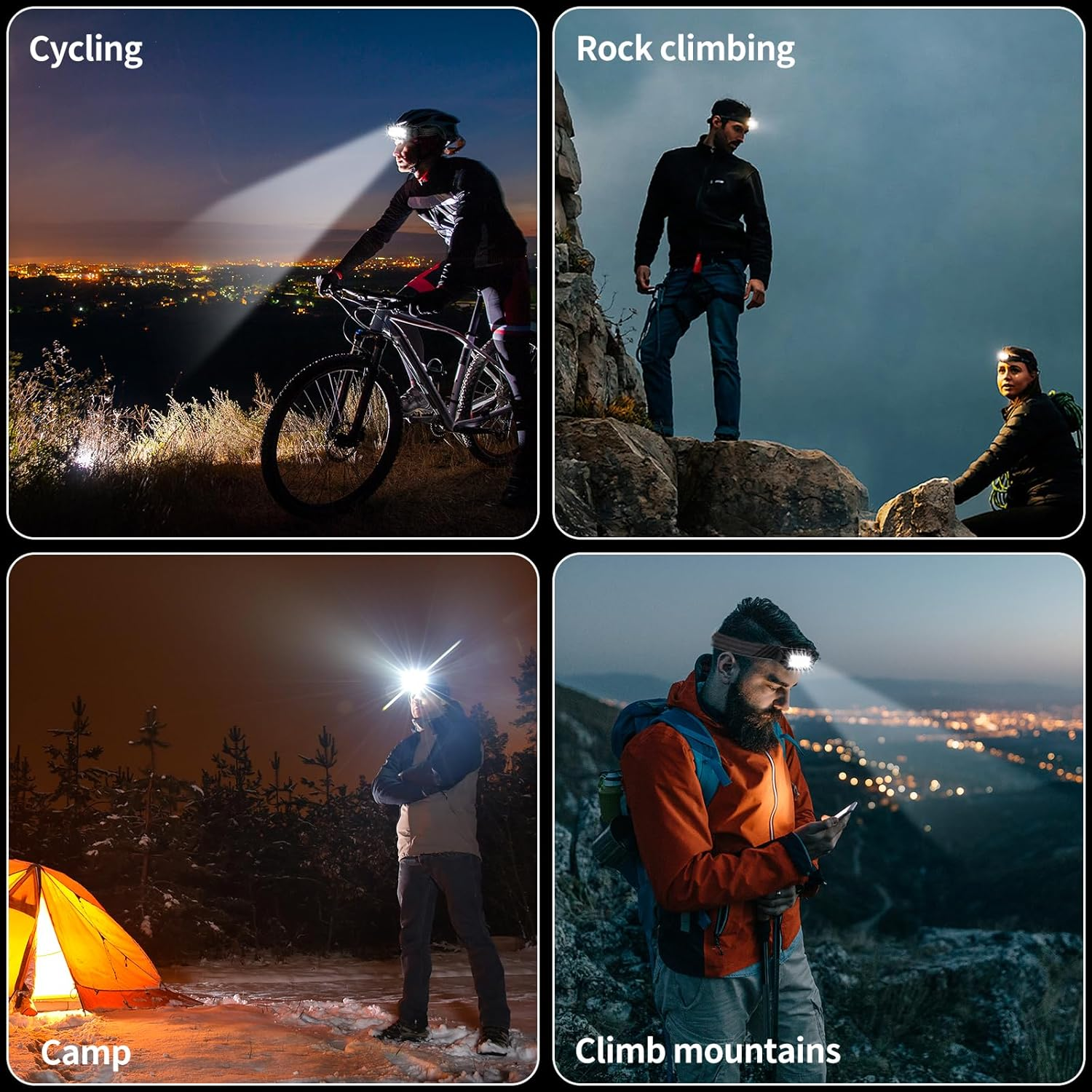 Vier Szenen: Radfahrer bei Nacht, Felsenkletterer, Camper und Bergwanderer mit Stirnlampen.