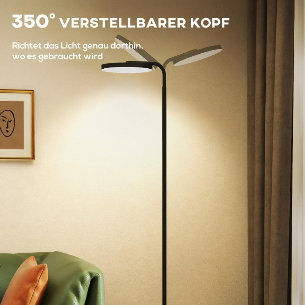 Ein moderner Stehlampe mit verstellbarem Kopf beleuchtet ein Wohnzimmer.