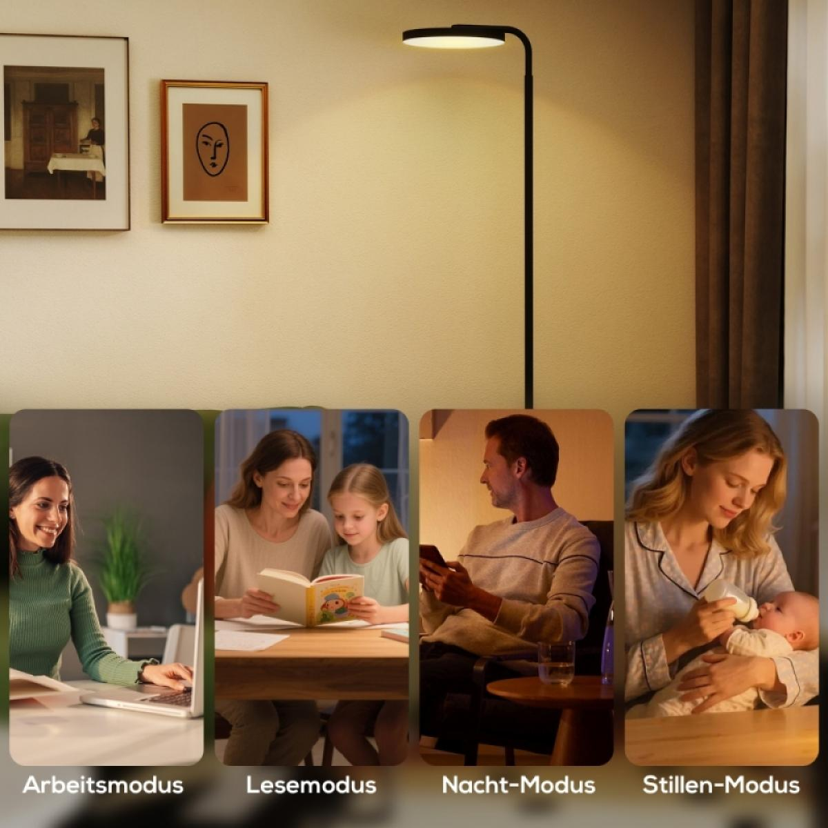 Vier Szenen: Frau am Laptop, Mutter mit Kind liest, Mann mit Handy, Mutter mit Baby.