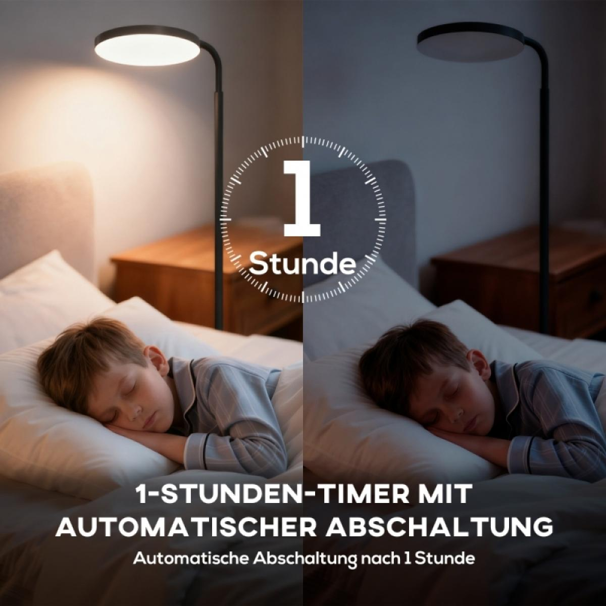 Ein Junge schläft im Bett. Eine Lampe leuchtet. Timer zeigt 1 Stunde an.