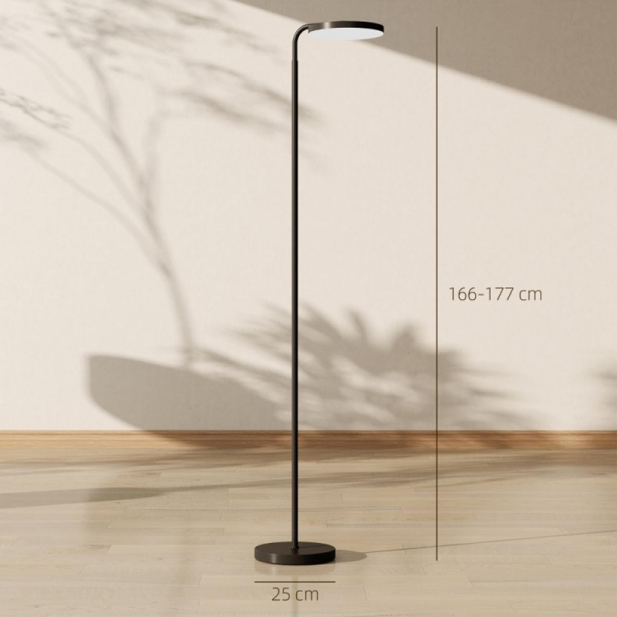 Moderner schwarzer Stehlampe mit rundem Sockel auf Holzboden.