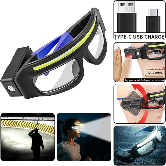Diese Brille hat ein Stirnband mit LED-Leuchten und USB-C-Ladung.