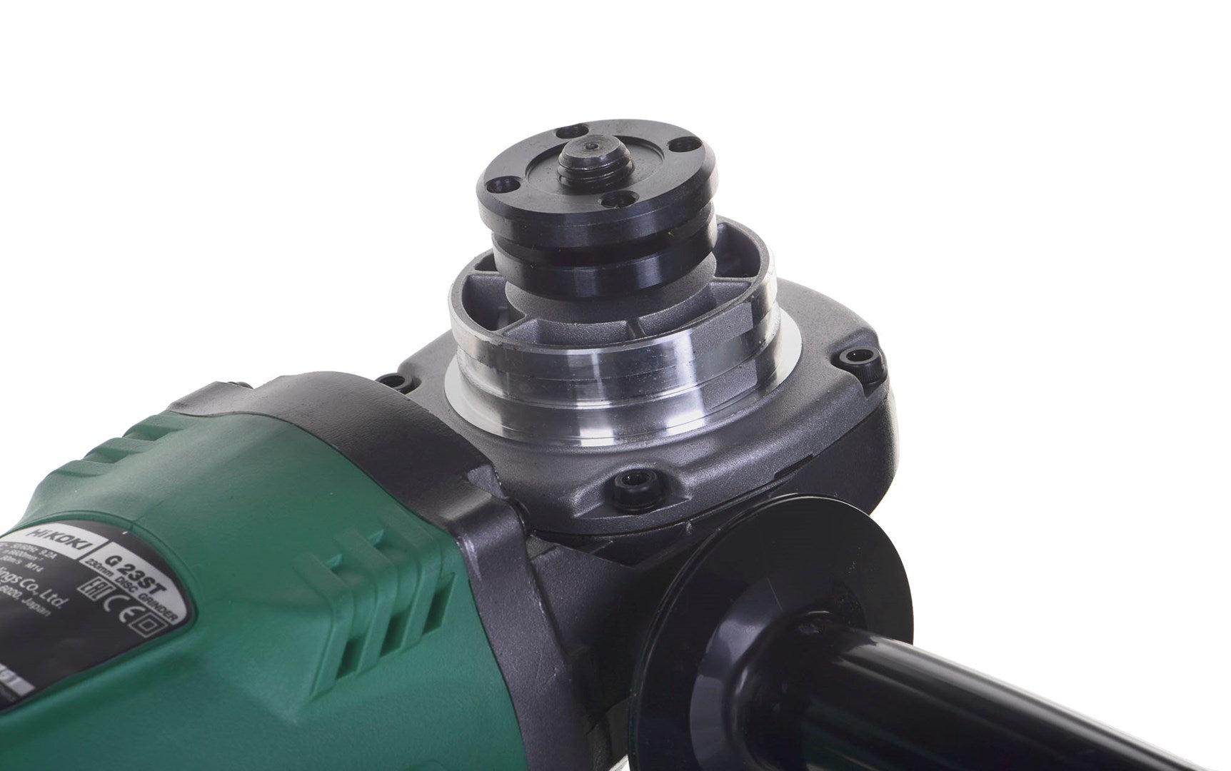 Smerigliatrice angolare verde con manico nero e mandrino metallico.
