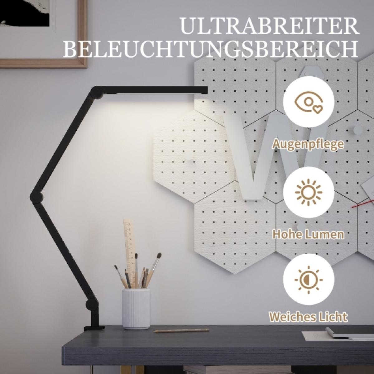 Schreibtischlampe mit Gelenkarm beleuchtet Schreibtisch. Icons für Augenpflege, hohe Lumen, weiches Licht.