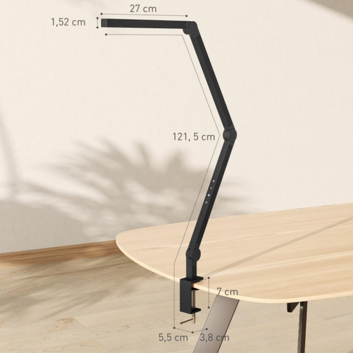 Eine schwarze Schreibtischlampe mit verstellbarem Arm, die an einem Holztisch befestigt ist.