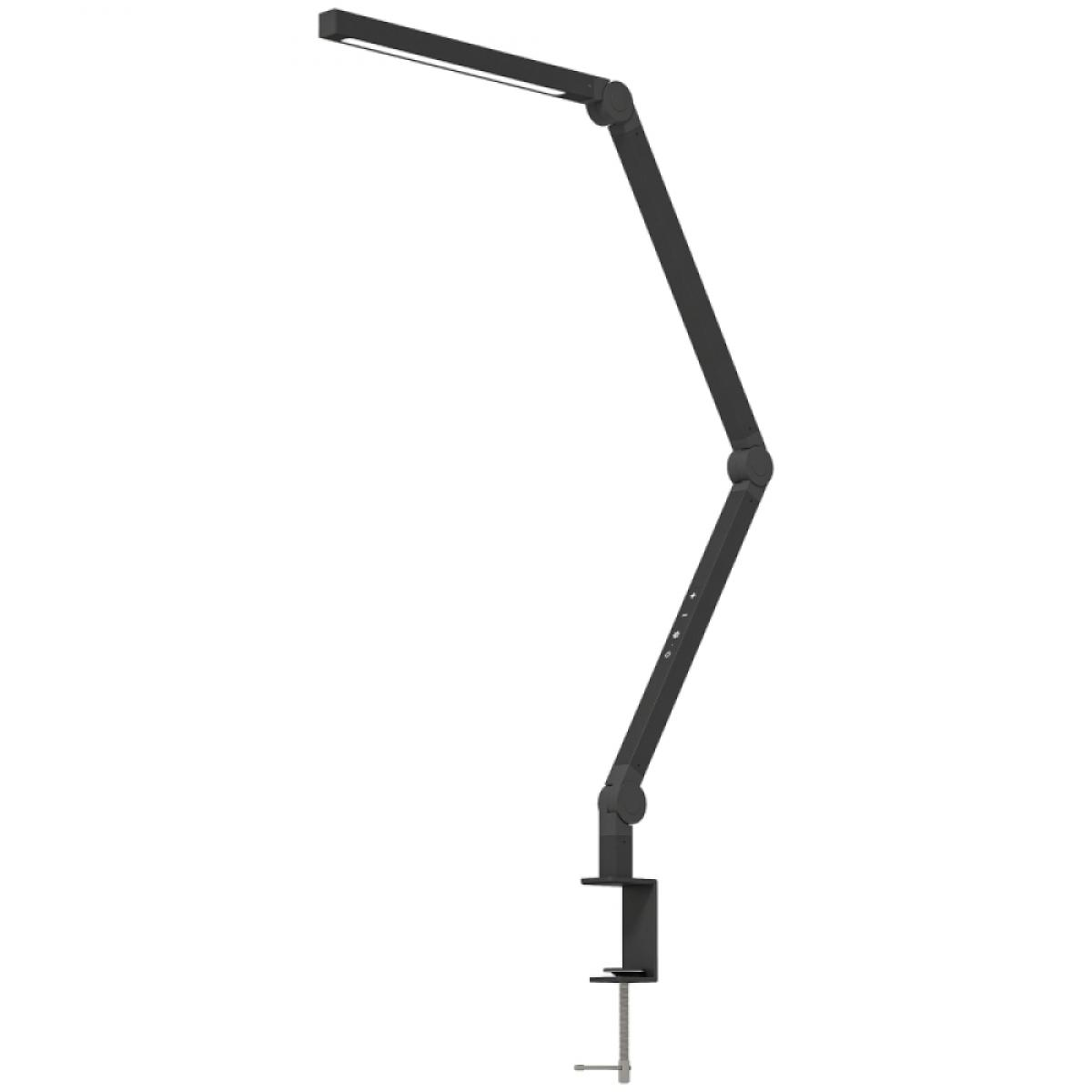 Ein schwarzer Schreibtischarm mit LED-Lampe und Klemme.