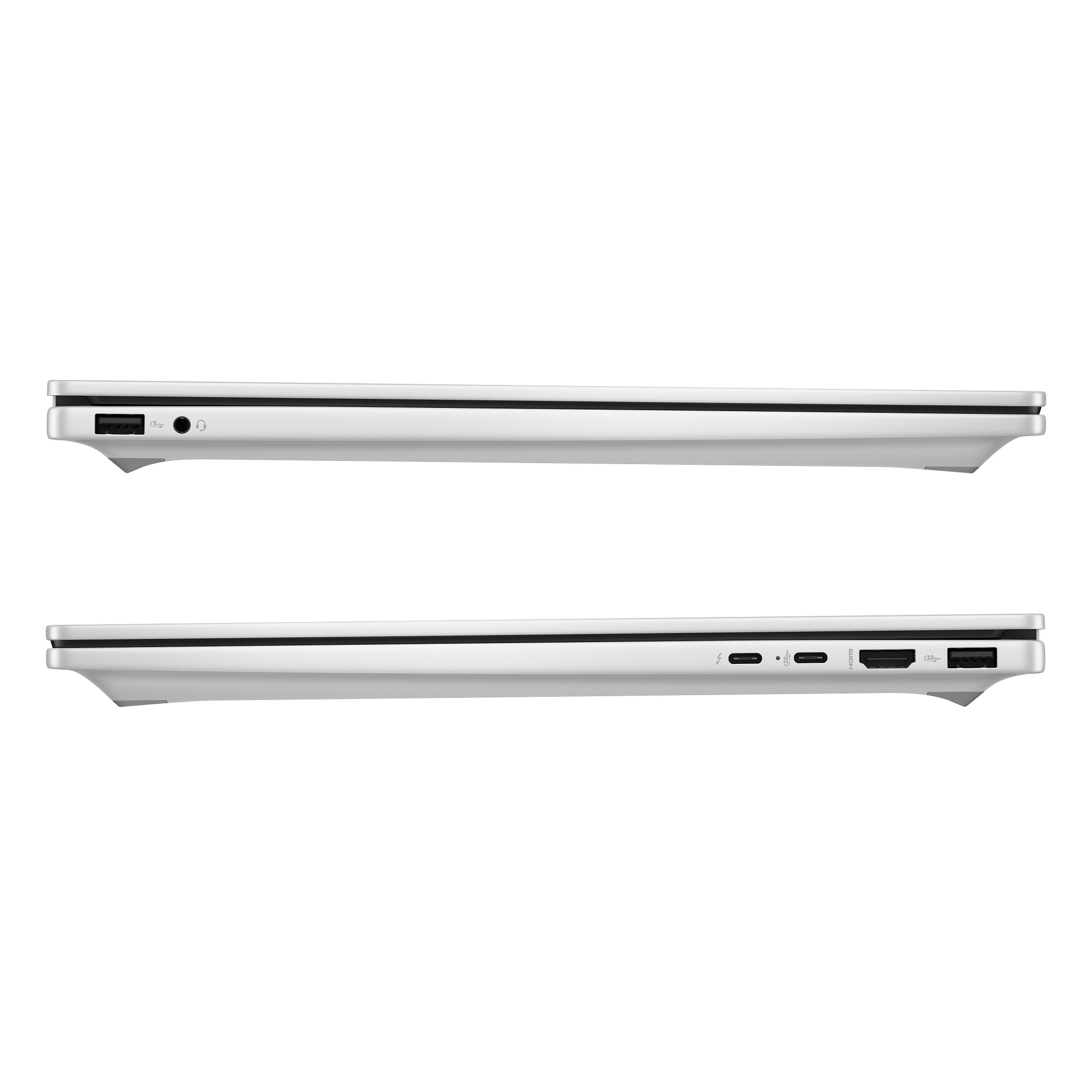 Silberner Laptop-Seite mit Anschlüssen: USB-A, Kopfhöreranschluss.