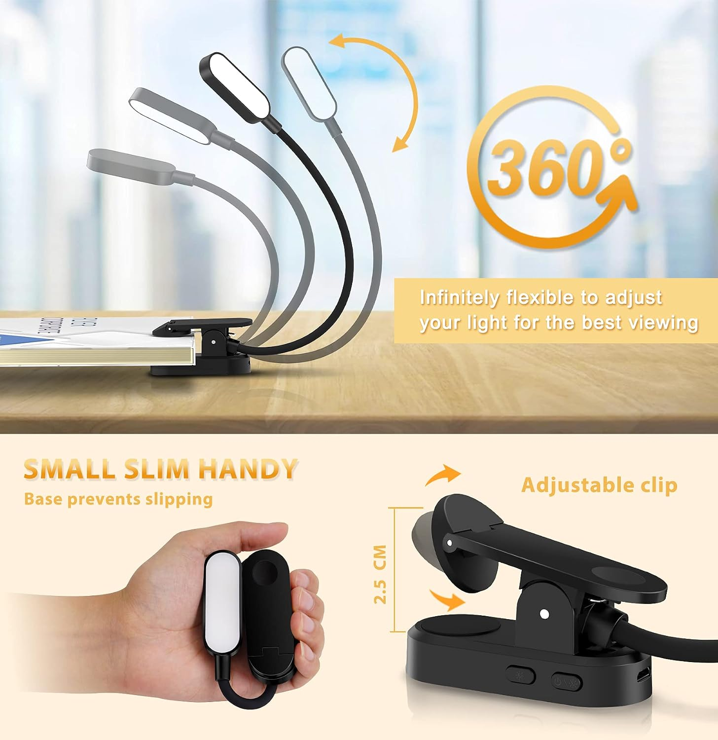 Ein flexibles Leselicht mit Klemmfuß, das auf 360 Grad verstellbar ist.