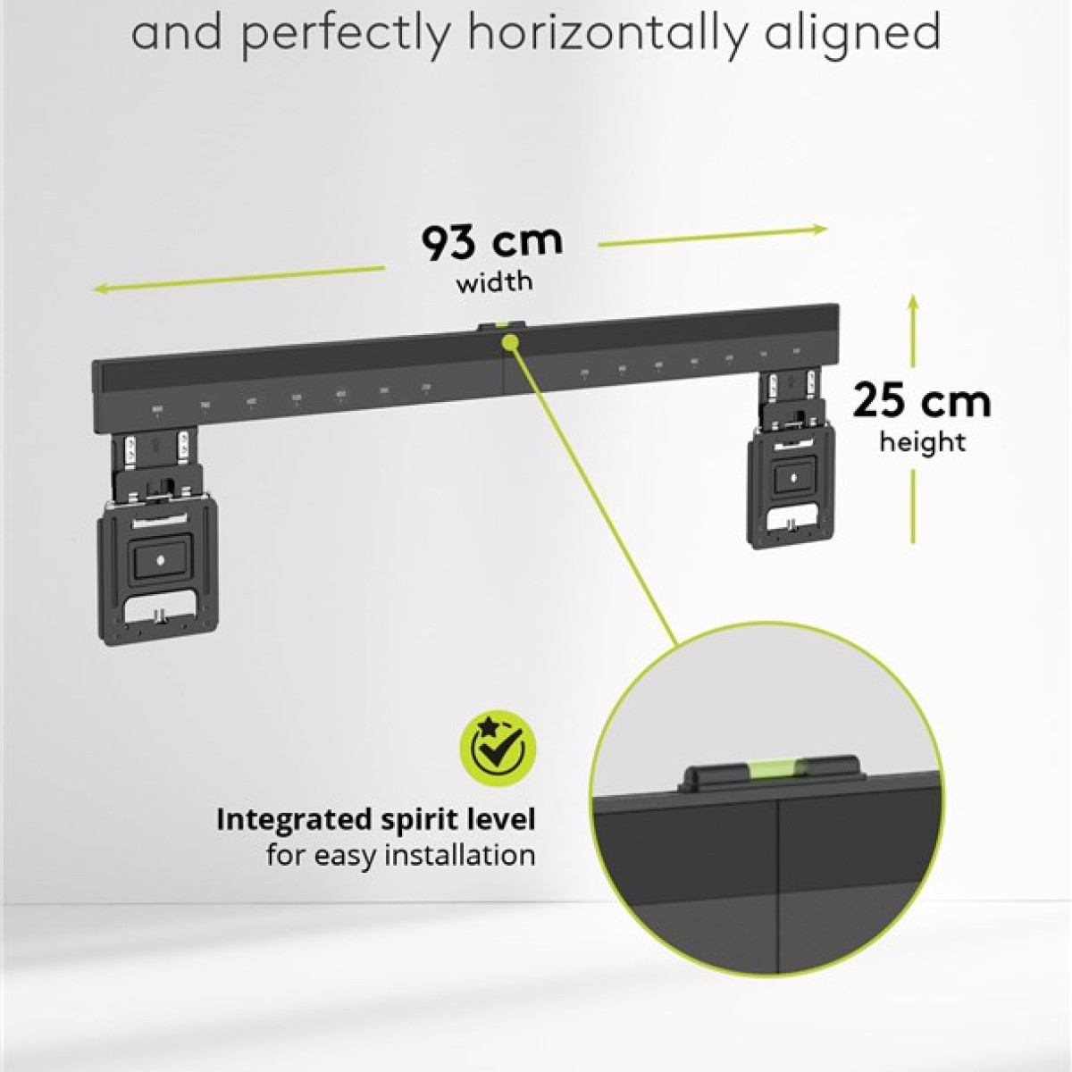 Supporto TV nero, largo 93 cm, alto 25 cm, con livella a bolla integrata.