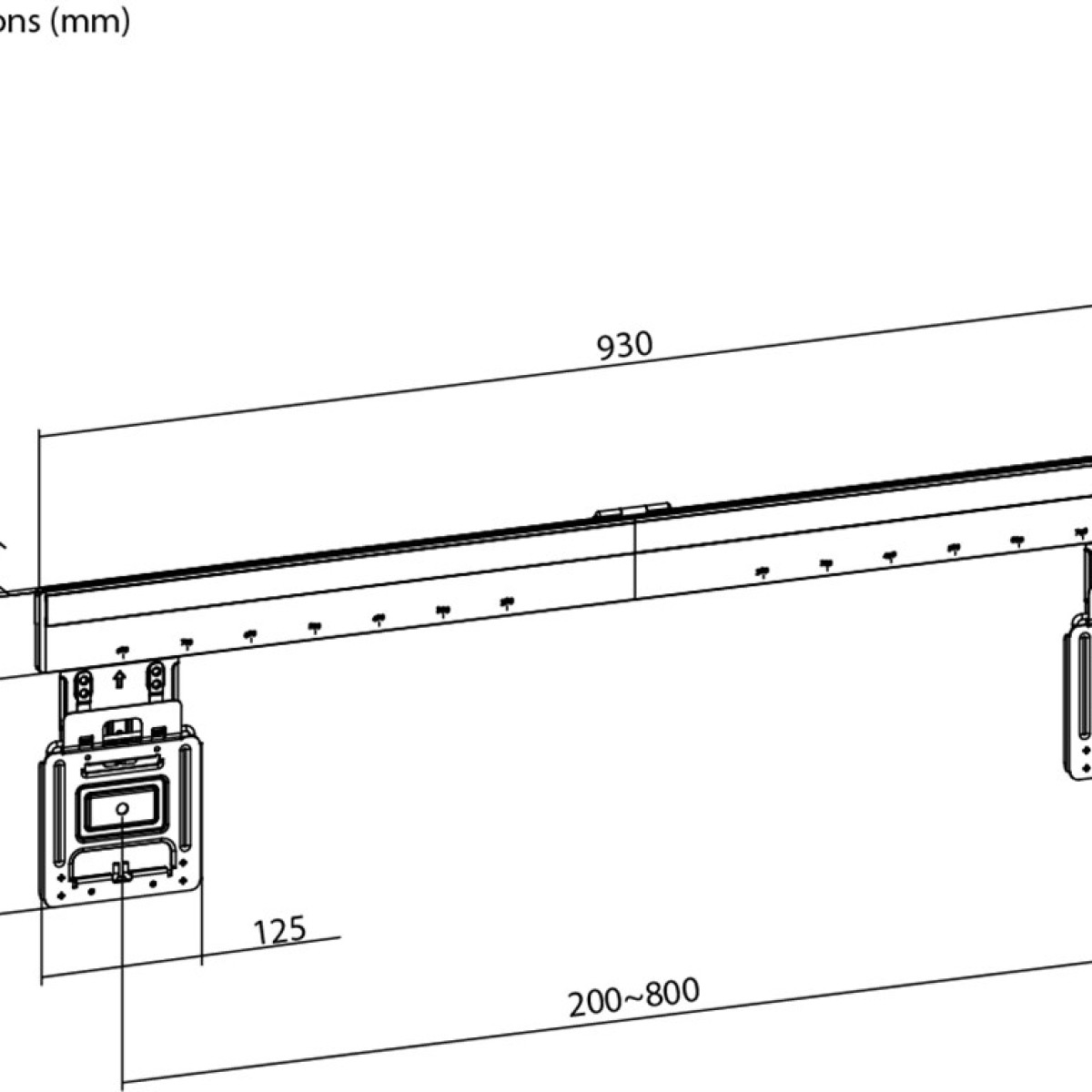Disegno tecnico di un dispositivo di sospensione con dimensioni 930, 125 e 200-800.