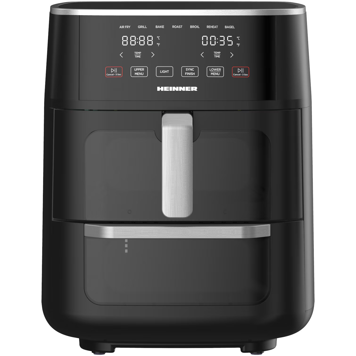 Zwarte Heinner airfryer met digitaal display en menu-opties.