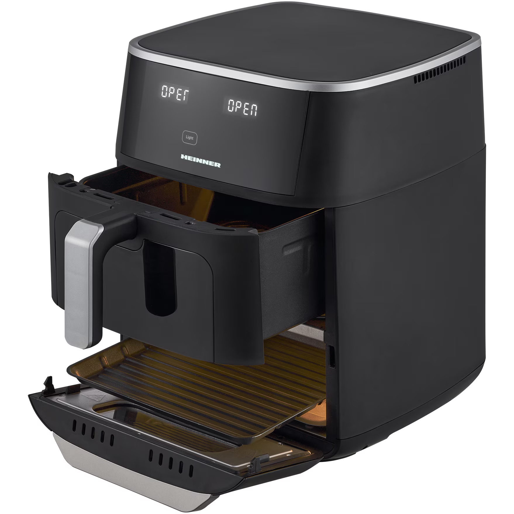 Zwarte airfryer met open lade, zilveren handvat en digitaal display.