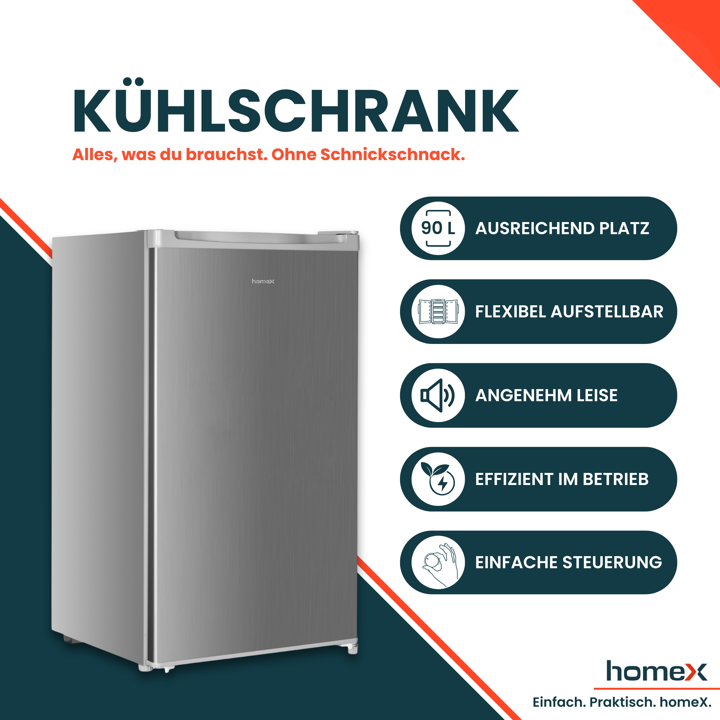 Kühlschrank mit 90L Kapazität, flexibel, leise, effizient und einfach zu steuern.