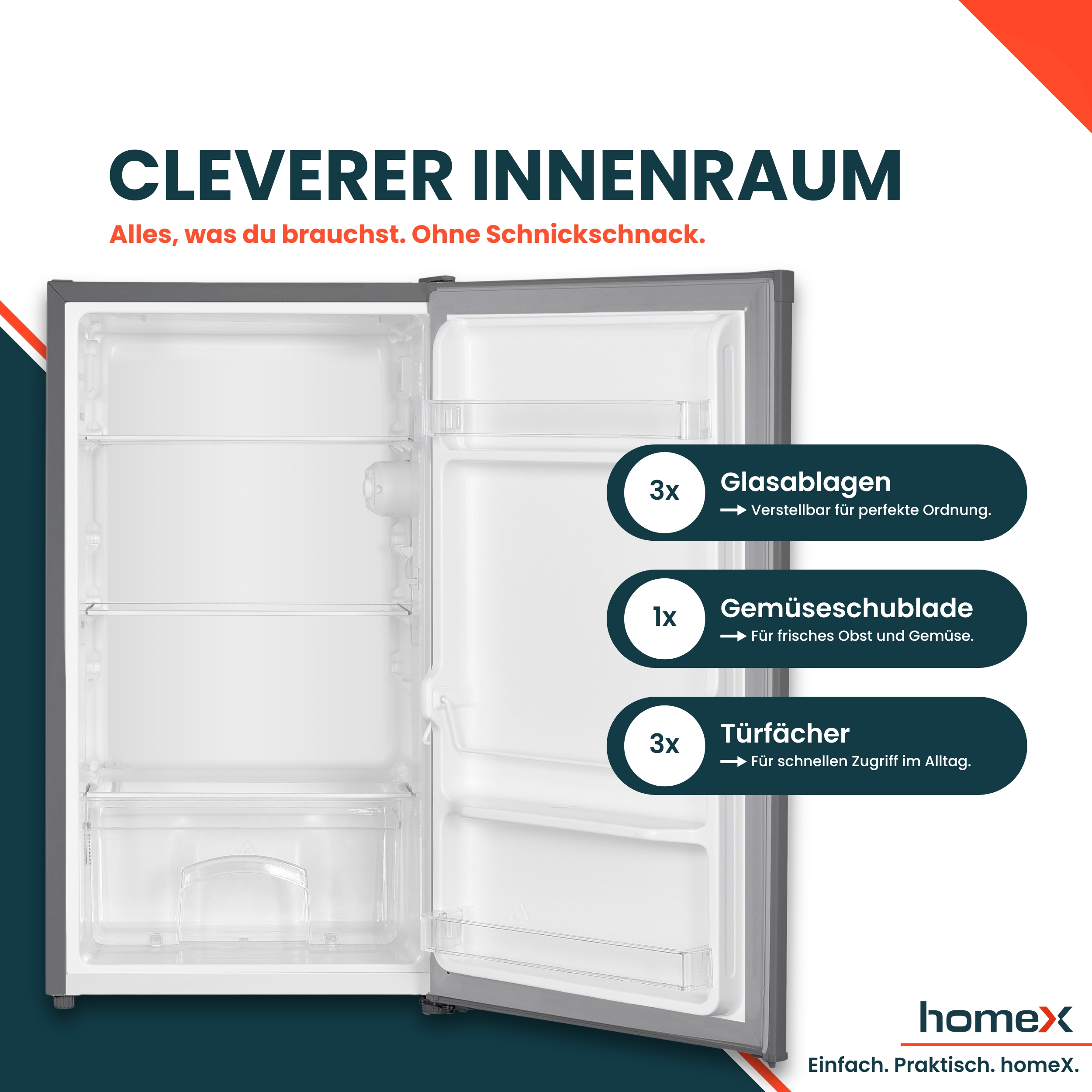 Ein offener Kühlschrank mit Glasablagen, Gemüseschublade und Türfächern.
