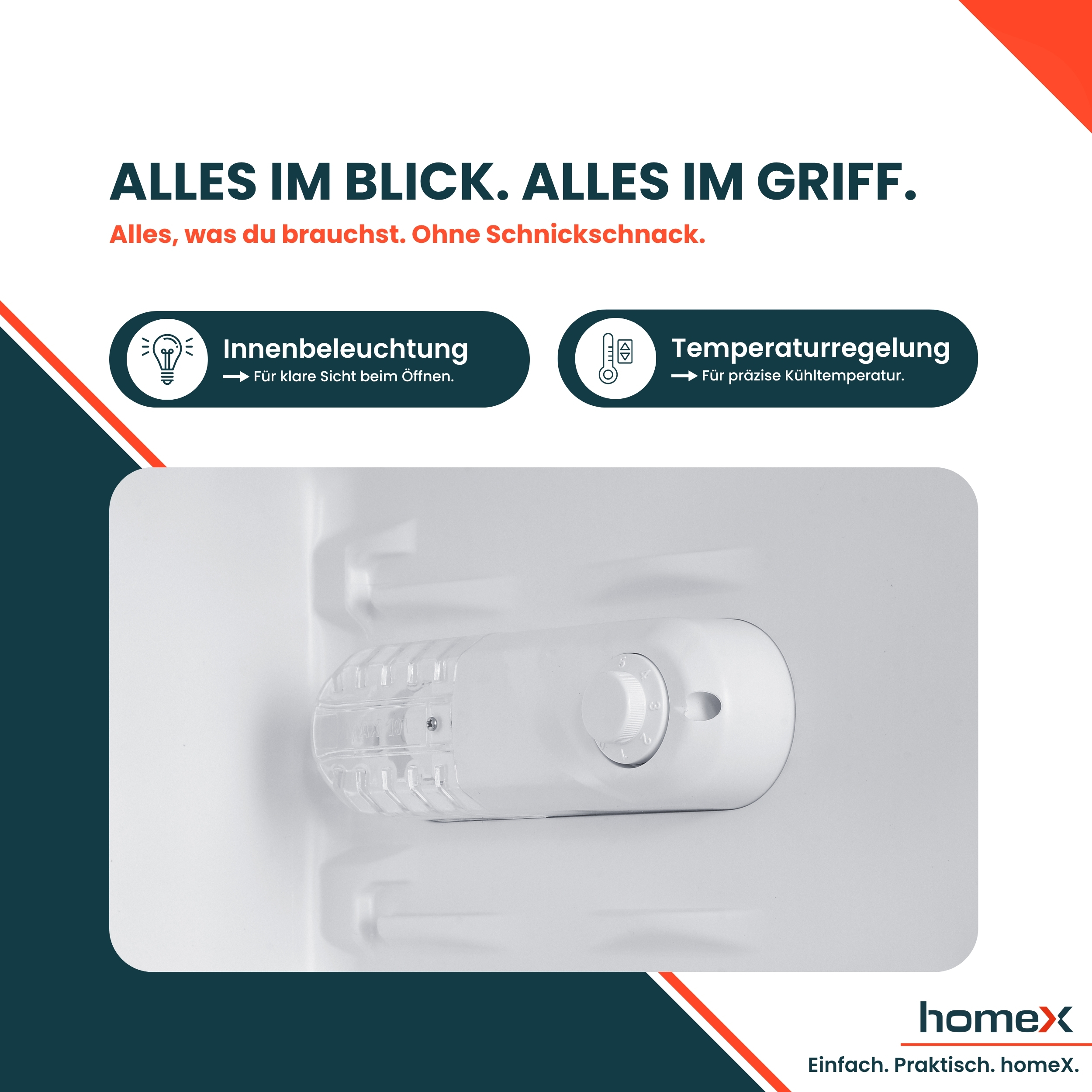 Nahaufnahme eines weißen Kühlthermostats mit Einstellknopf und klarer Abdeckung.