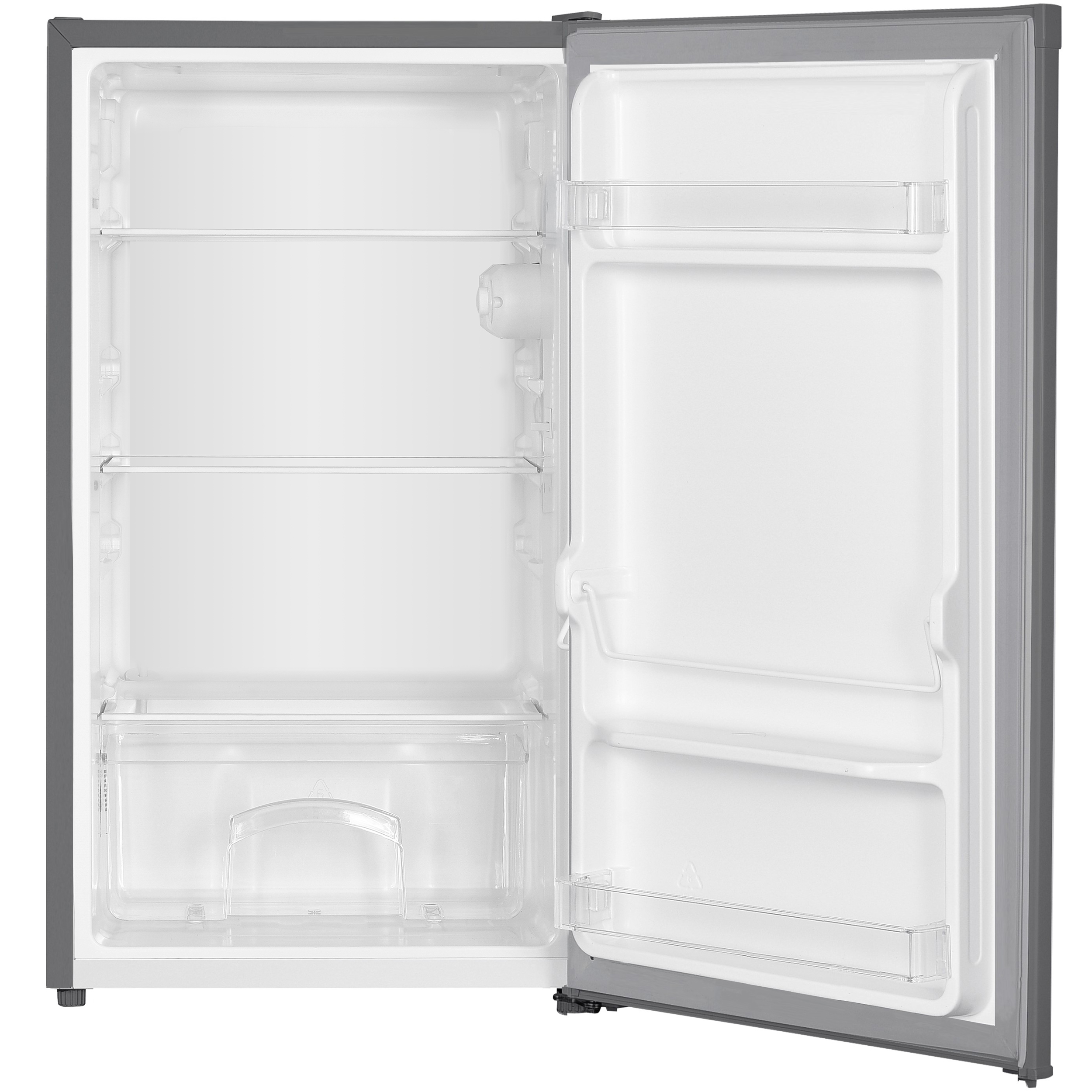 Ein leerer, offener Kühlschrank mit grauen Außenwänden und weißen Innenwänden.