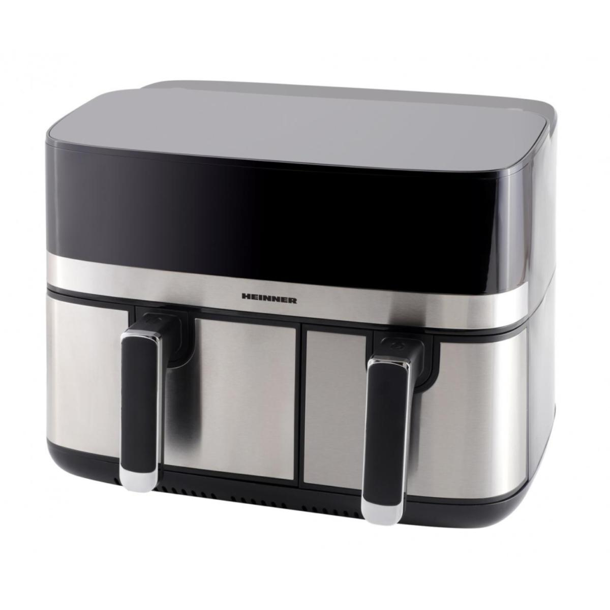 Een zilverkleurige en zwarte Heinner dubbele airfryer met twee lades.