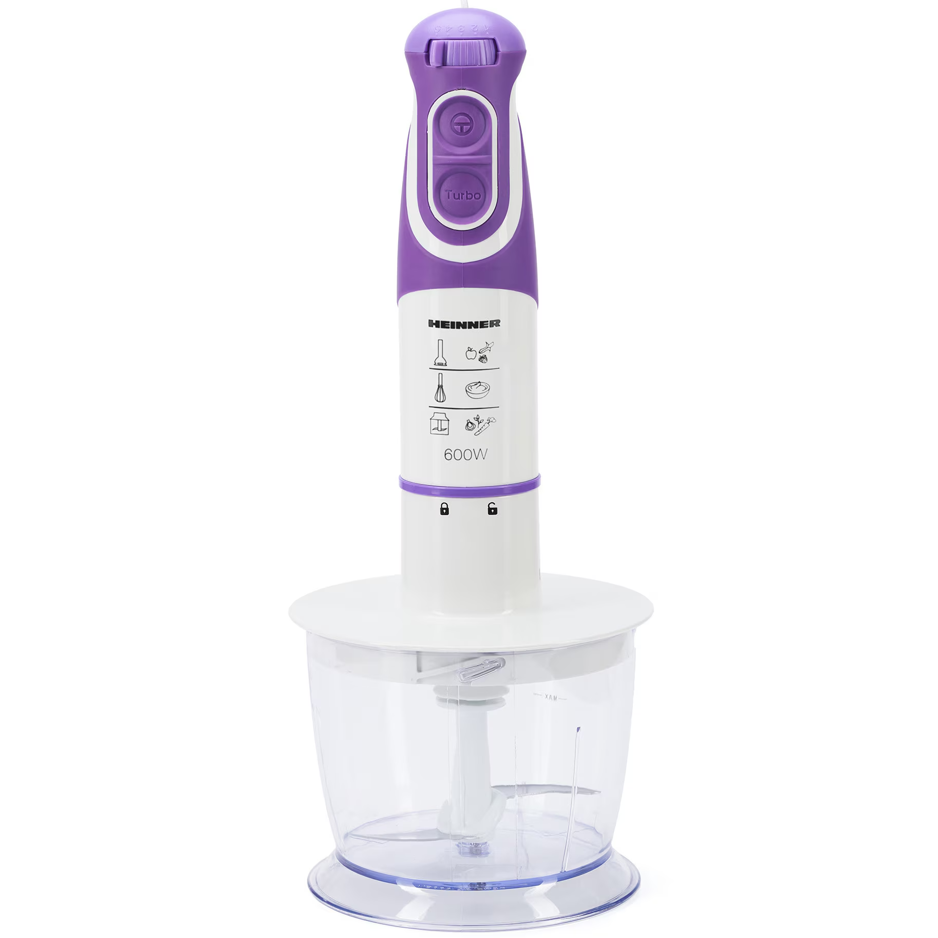 Un mixeur plongeant violet et blanc avec bouton turbo se dresse au-dessus d'un bol hachoir.
