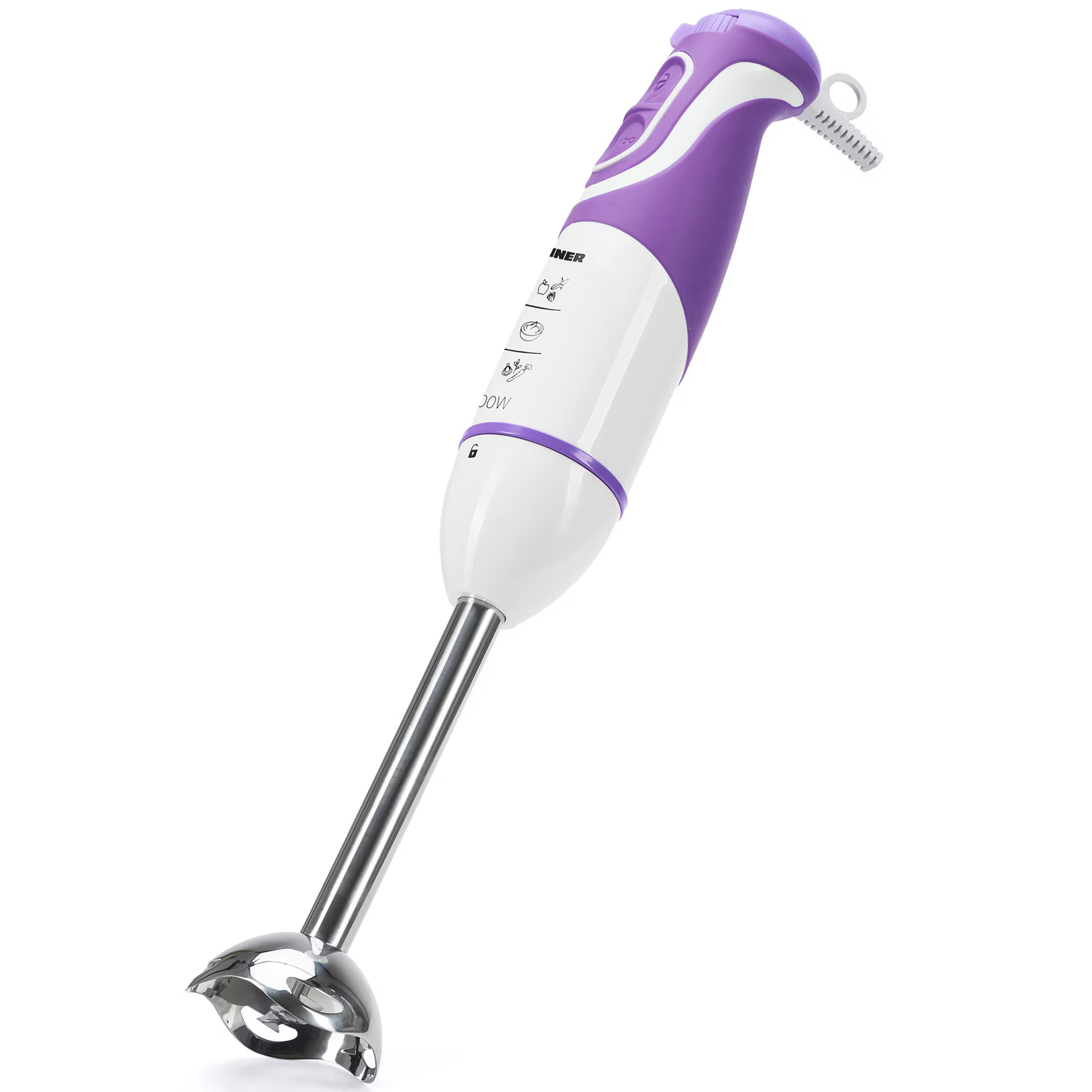 Un mixeur plongeant blanc et violet avec un arbre et un protège-lame en acier inoxydable.