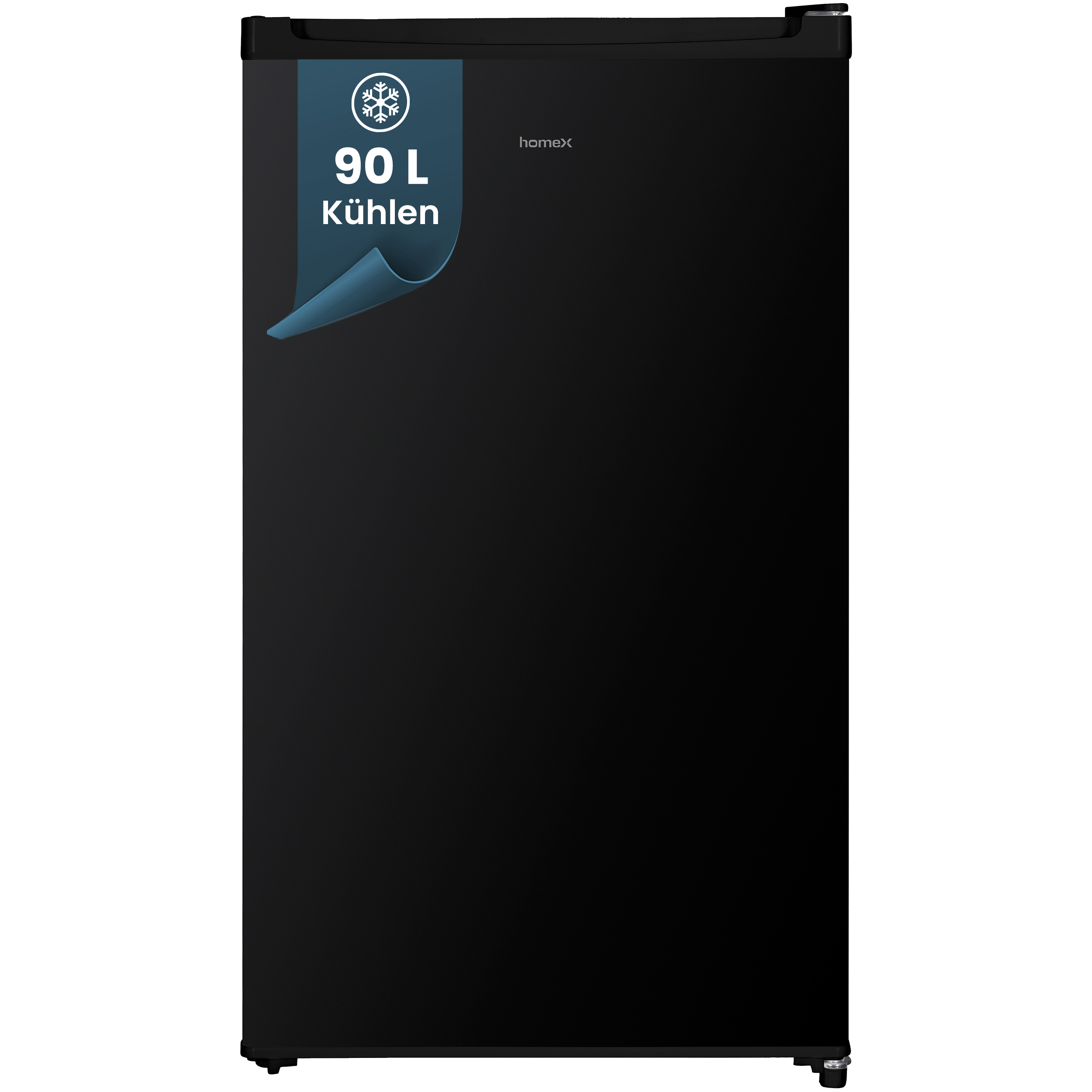 Schwarzer Homex Kühlschrank, 90L Kapazität, mit blauem Etikett.