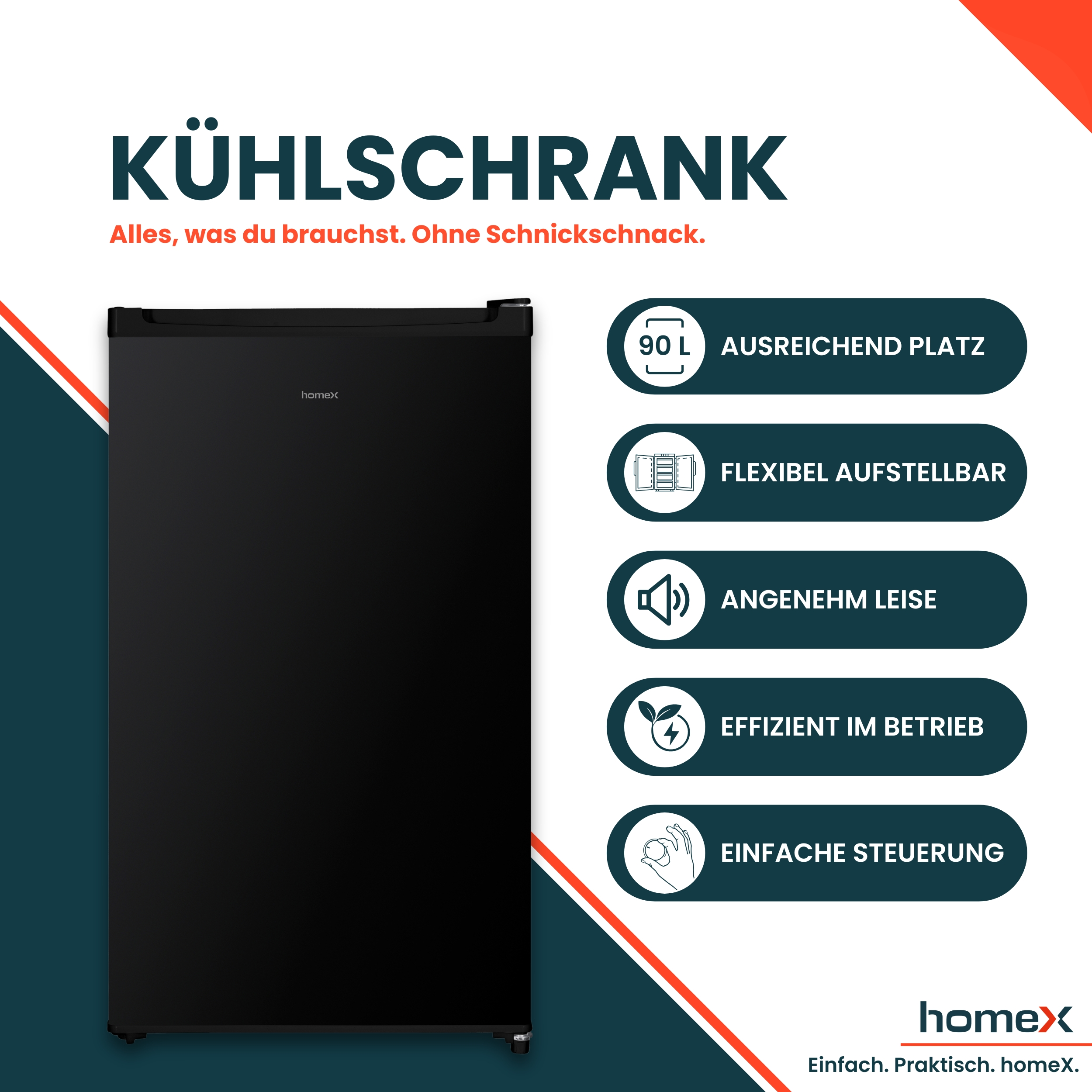 Schwarzer Kühlschrank von Homex mit Text und Icons, die 90L, Flexibilität, Geräuscharmut, Effizienz & einfache Steuerung hervorheben.