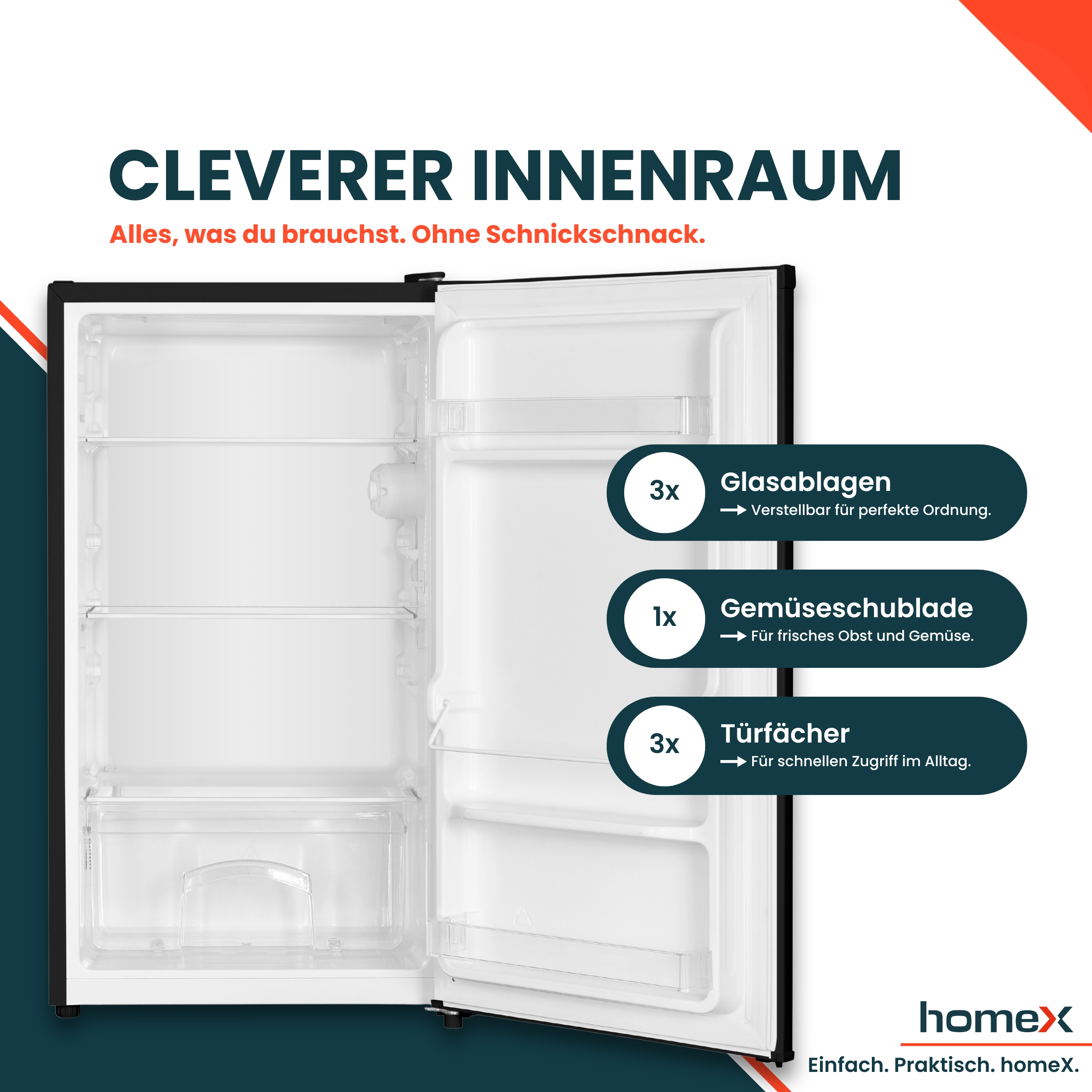 Ein leerer Kühlschrank mit offenen Türen, Glasablagen, Gemüsefach und Türfächern.