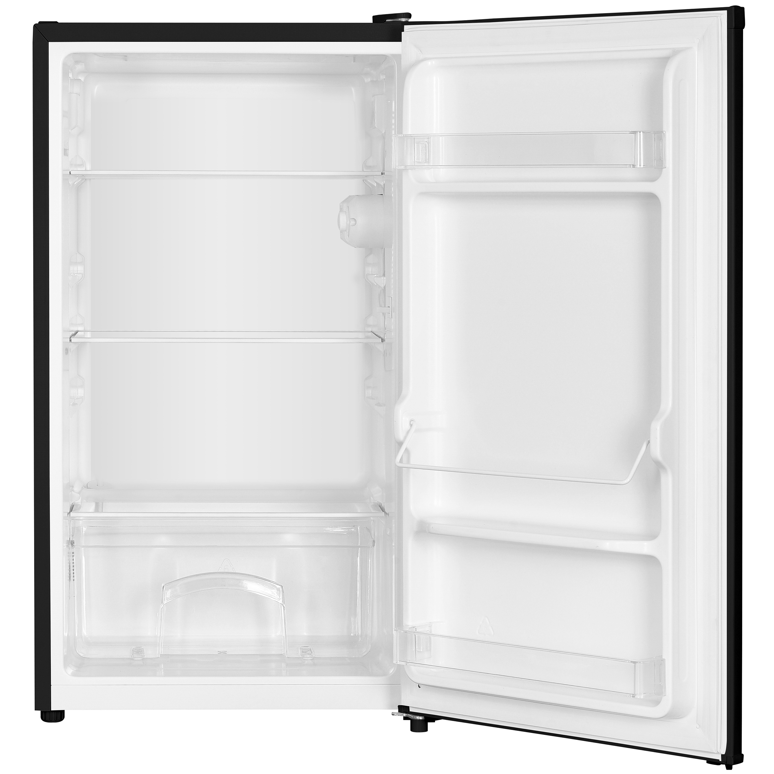 Ein leerer, offener schwarzer Kühlschrank mit weißen Einlegeböden und Türfächern.
